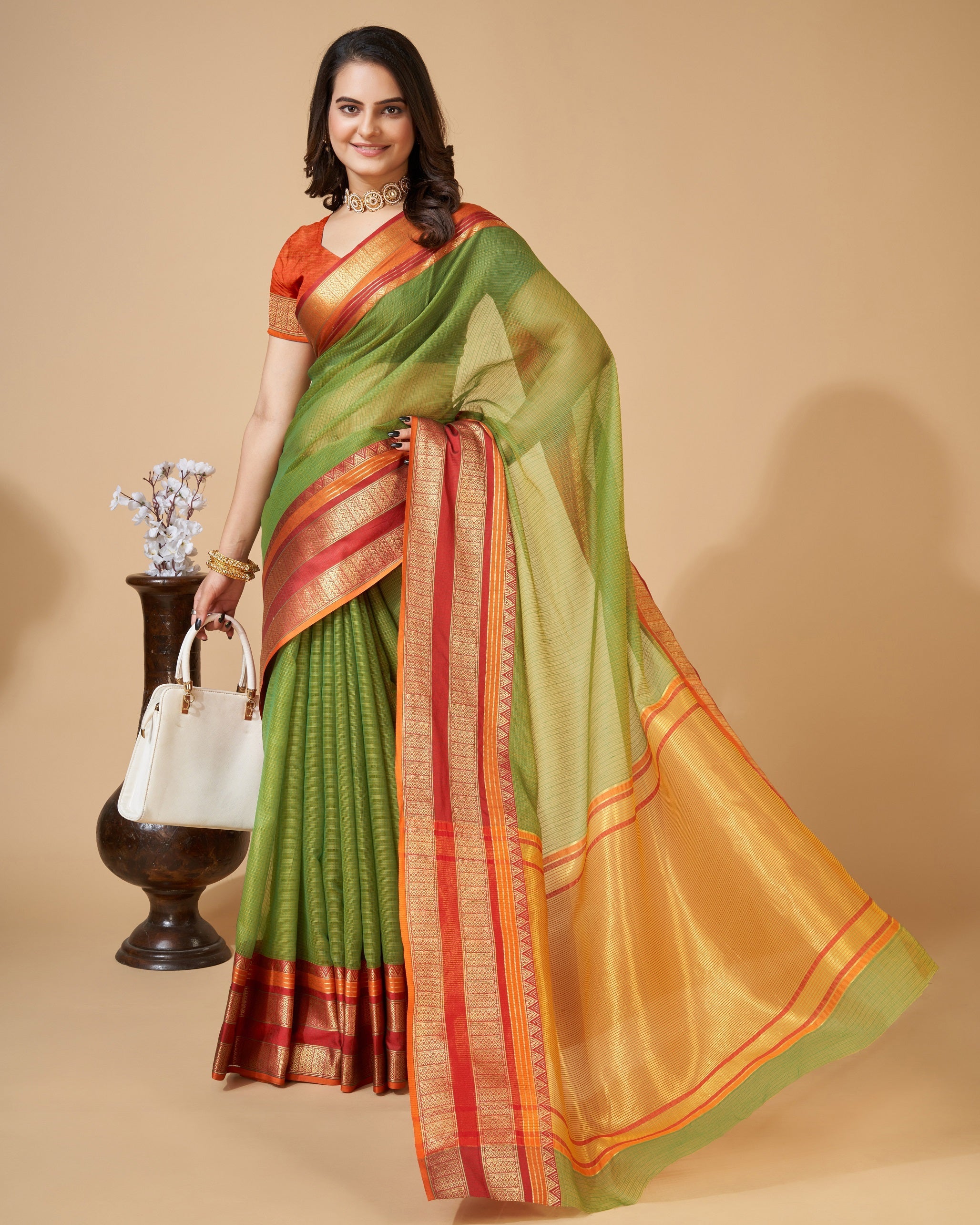 Vedant Vastram Cotton Silk Silk Jacquard Fancy Saree - Mahendi