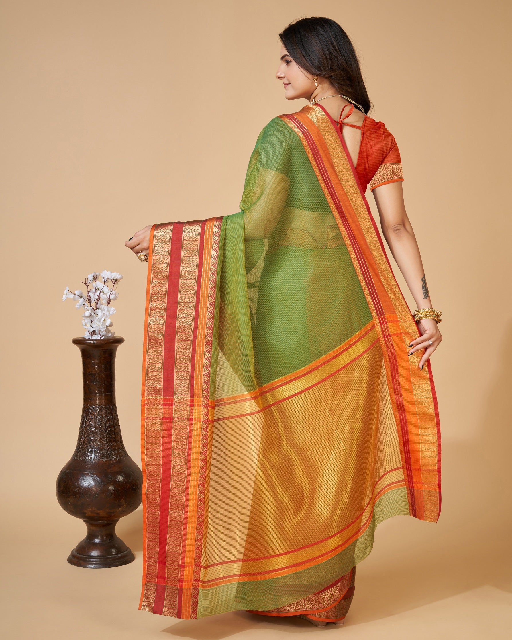 Vedant Vastram Cotton Silk Silk Jacquard Fancy Saree - Mahendi