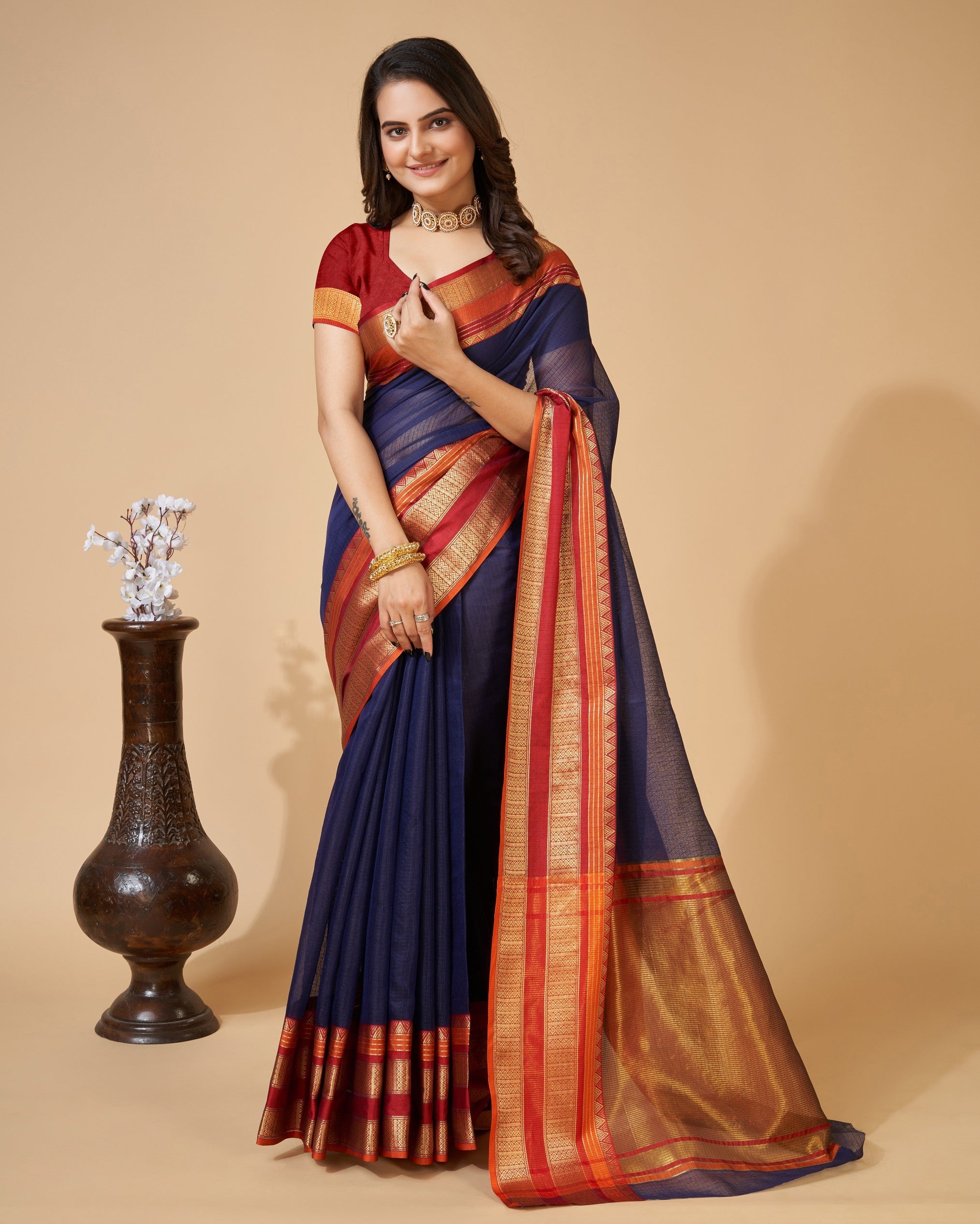 Vedant Vastram Cotton Silk Silk Jacquard Fancy Saree - Navy
