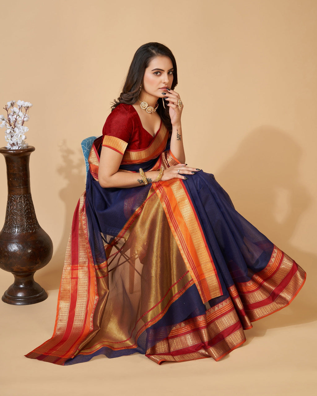 Vedant Vastram Cotton Silk Silk Jacquard Fancy Saree - Navy