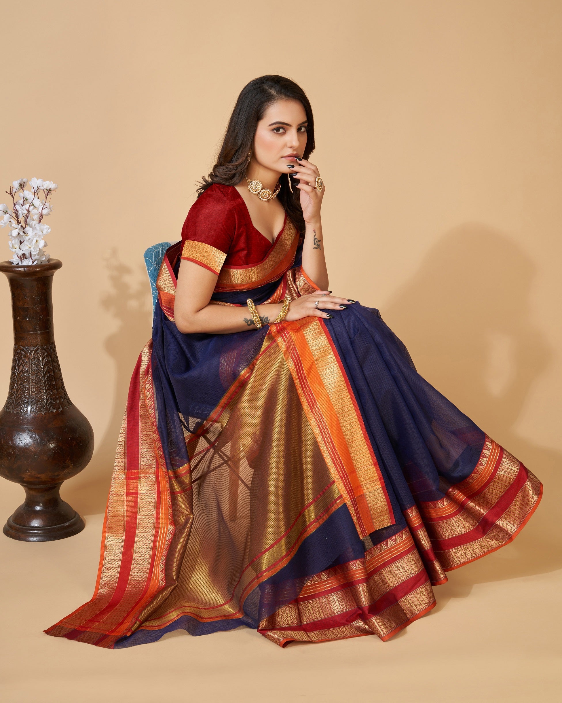 Vedant Vastram Cotton Silk Silk Jacquard Fancy Saree - Navy