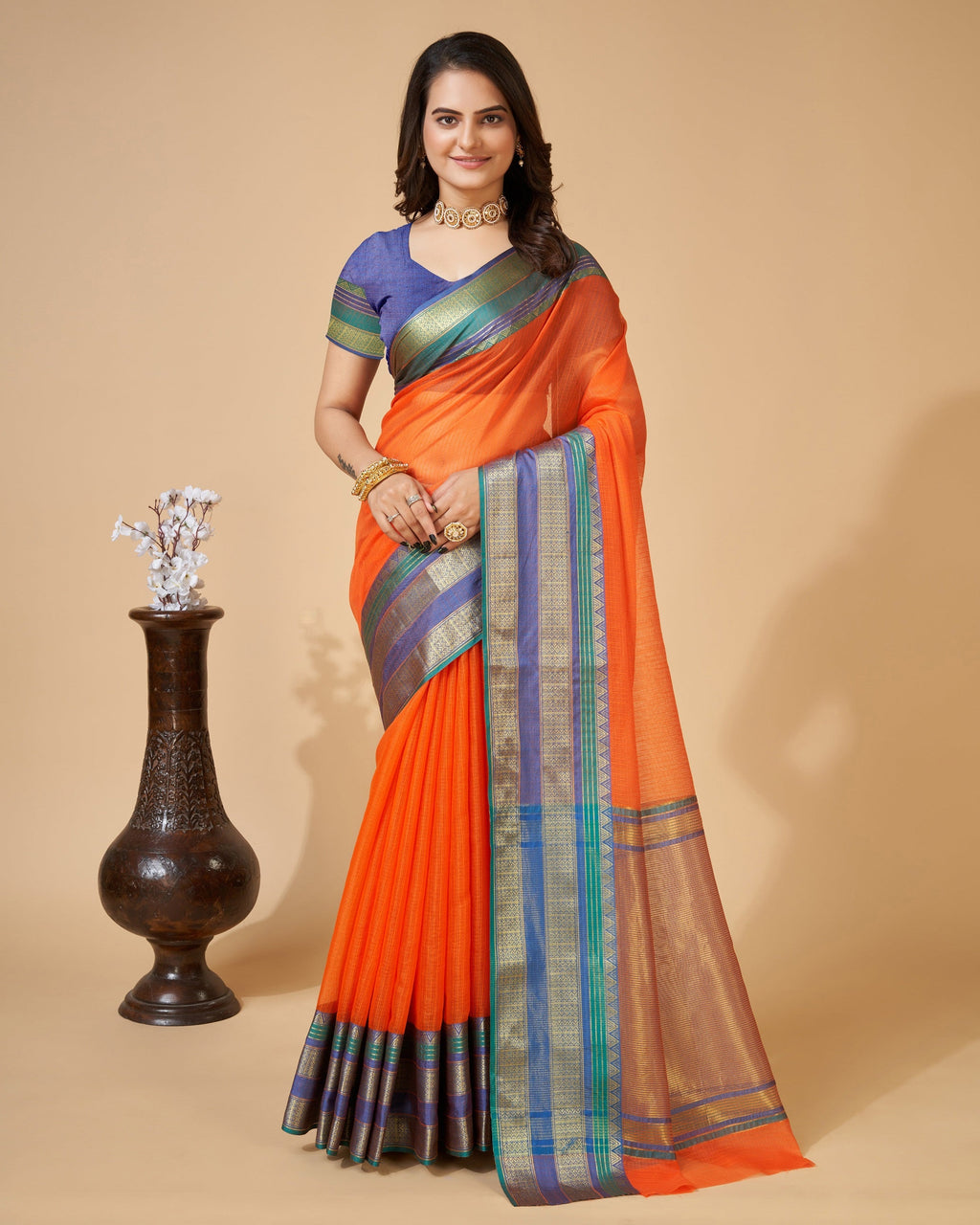 Vedant Vastram Cotton Silk Silk Jacquard Fancy Saree - Orange