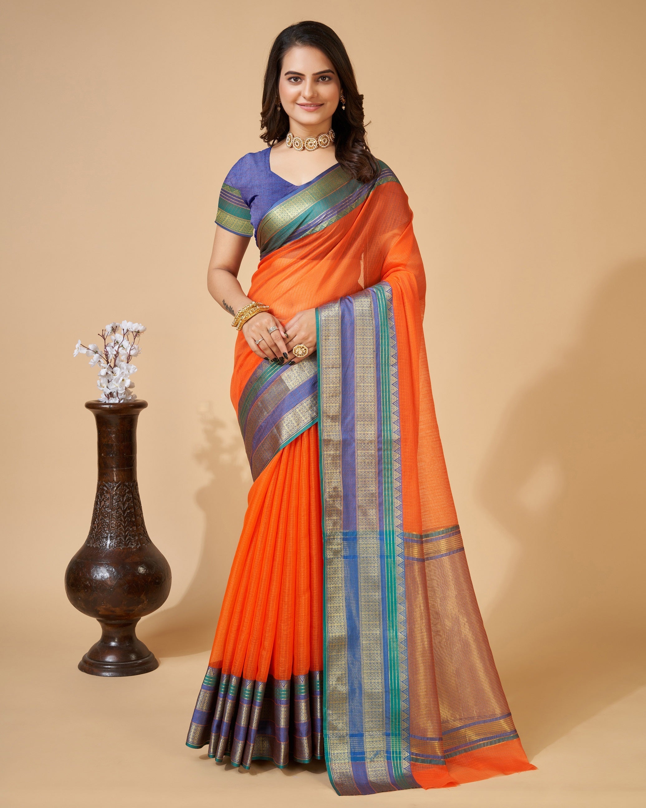 Vedant Vastram Cotton Silk Silk Jacquard Fancy Saree - Orange