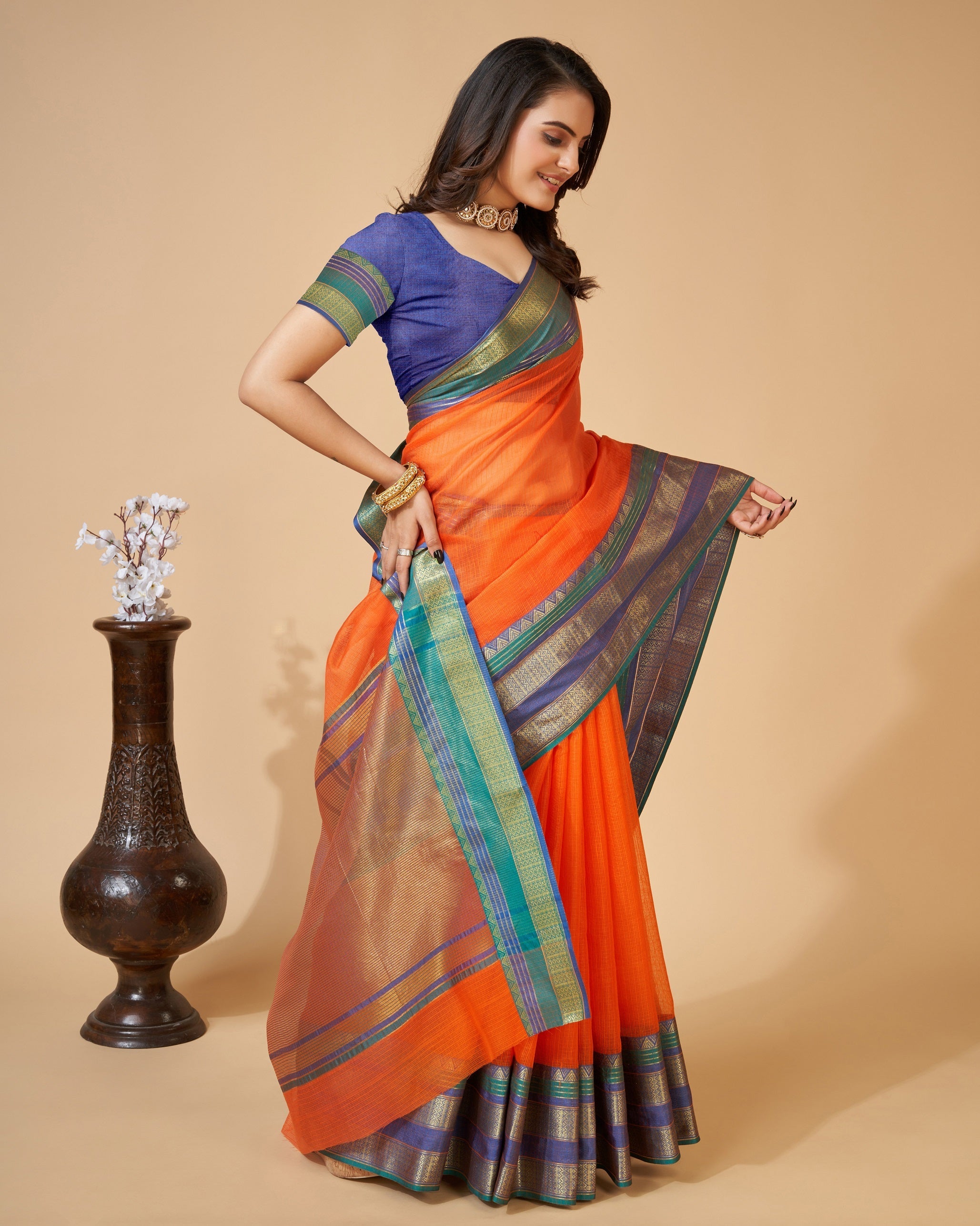 Vedant Vastram Cotton Silk Silk Jacquard Fancy Saree - Orange