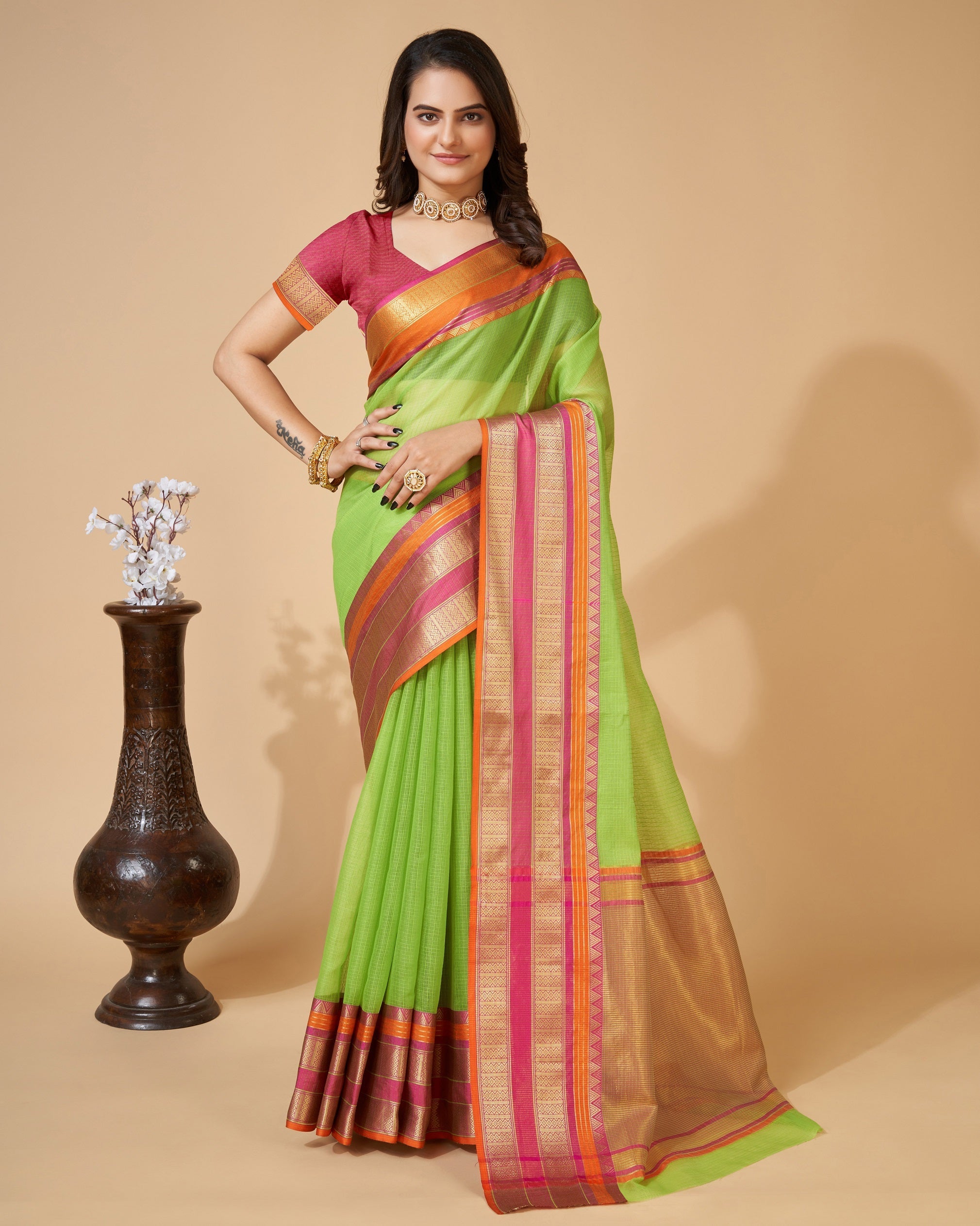 Vedant Vastram Cotton Silk Silk Jacquard Fancy Saree - Parrot