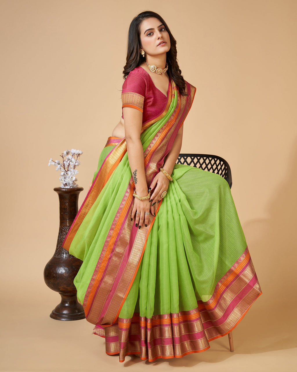 Vedant Vastram Cotton Silk Silk Jacquard Fancy Saree - Parrot