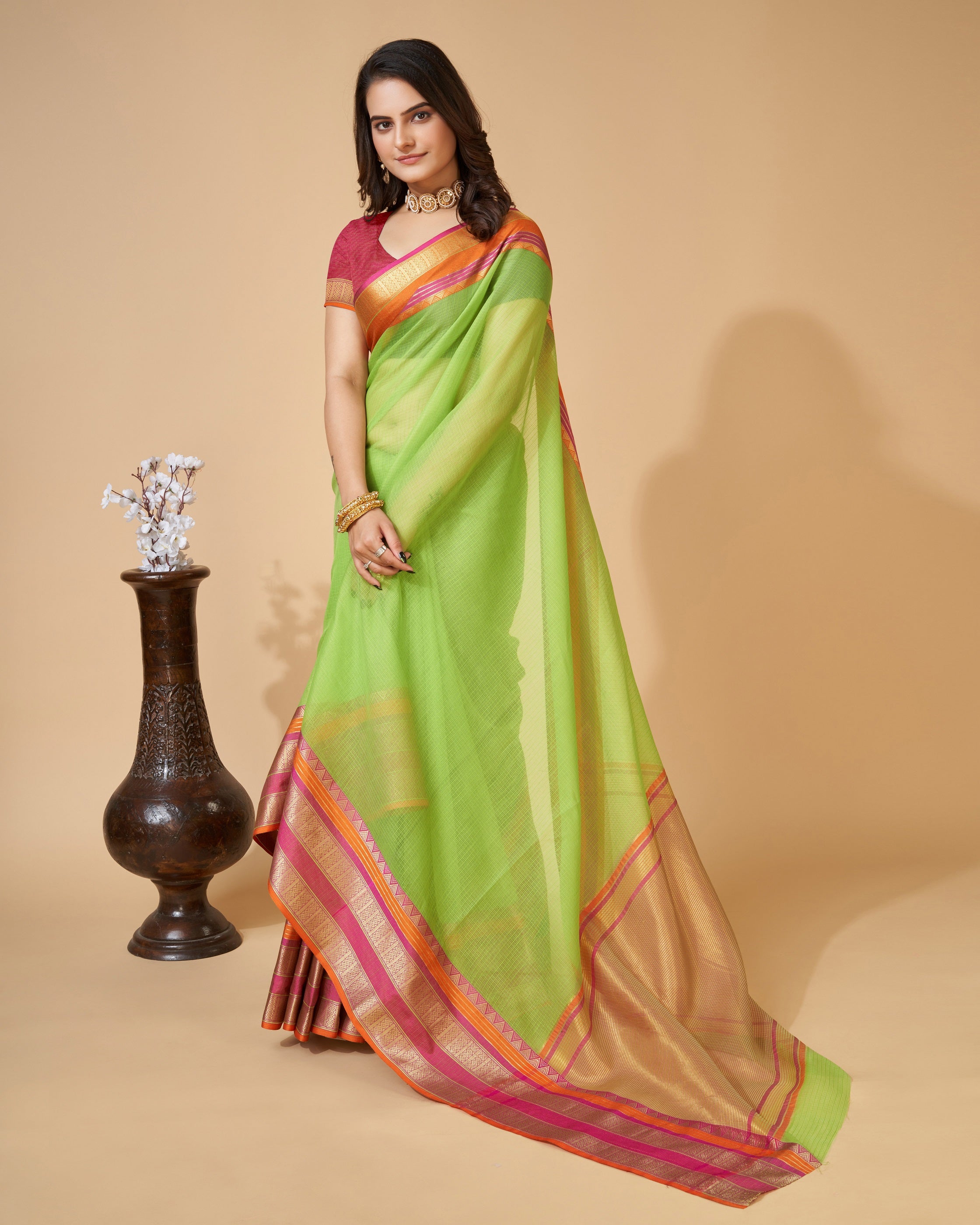 Vedant Vastram Cotton Silk Silk Jacquard Fancy Saree - Parrot