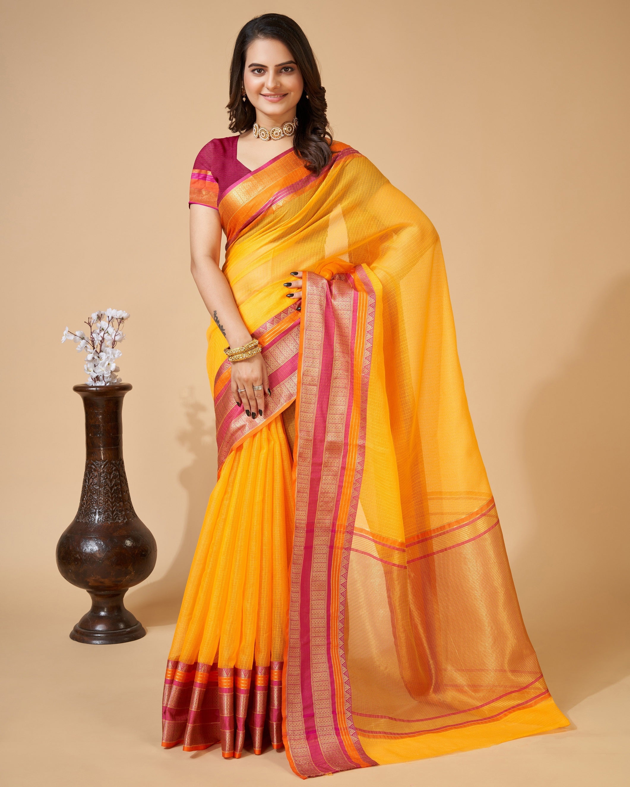 Vedant Vastram Cotton Silk Silk Jacquard Fancy Saree - Yellow