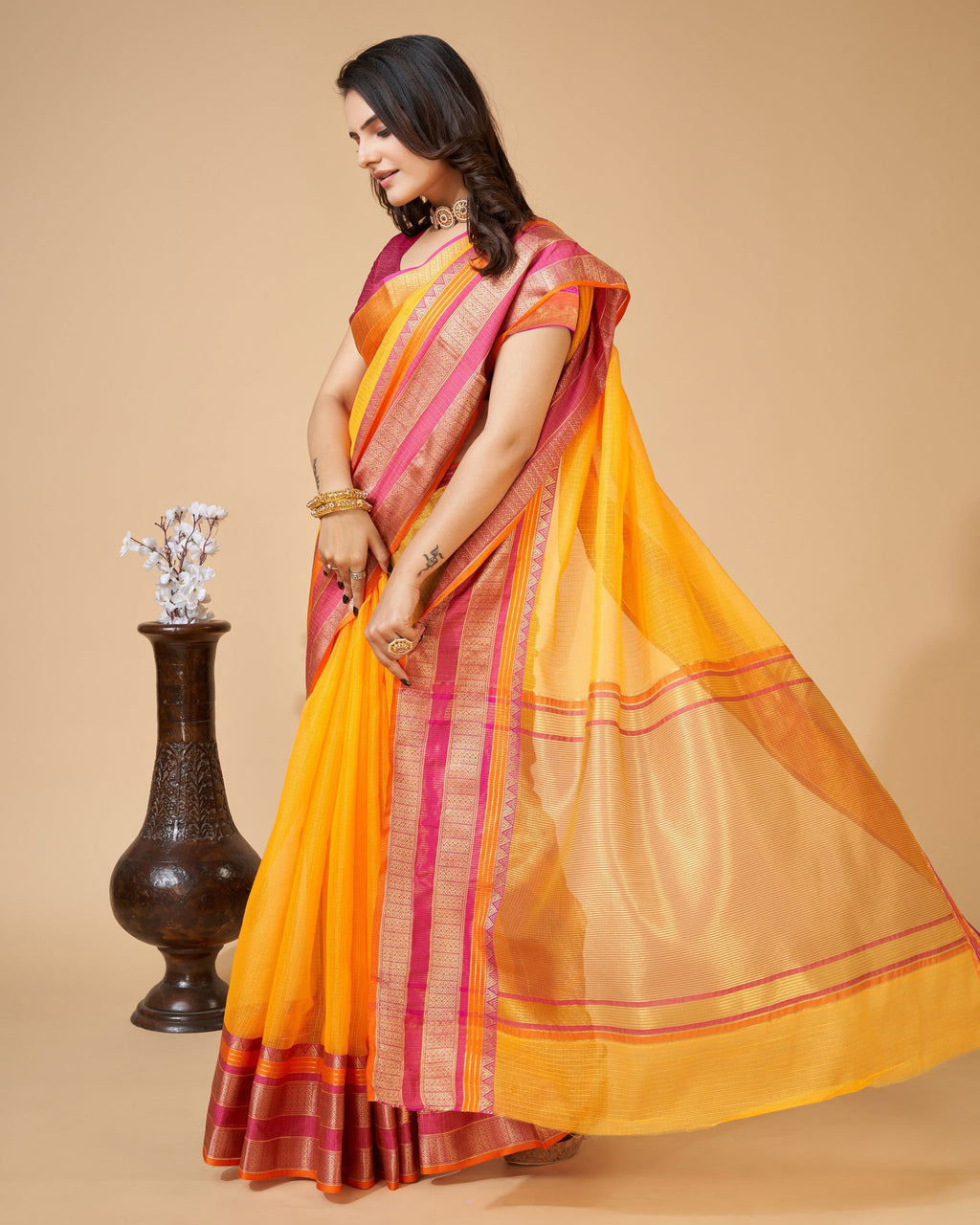Vedant Vastram Cotton Silk Silk Jacquard Fancy Saree - Yellow