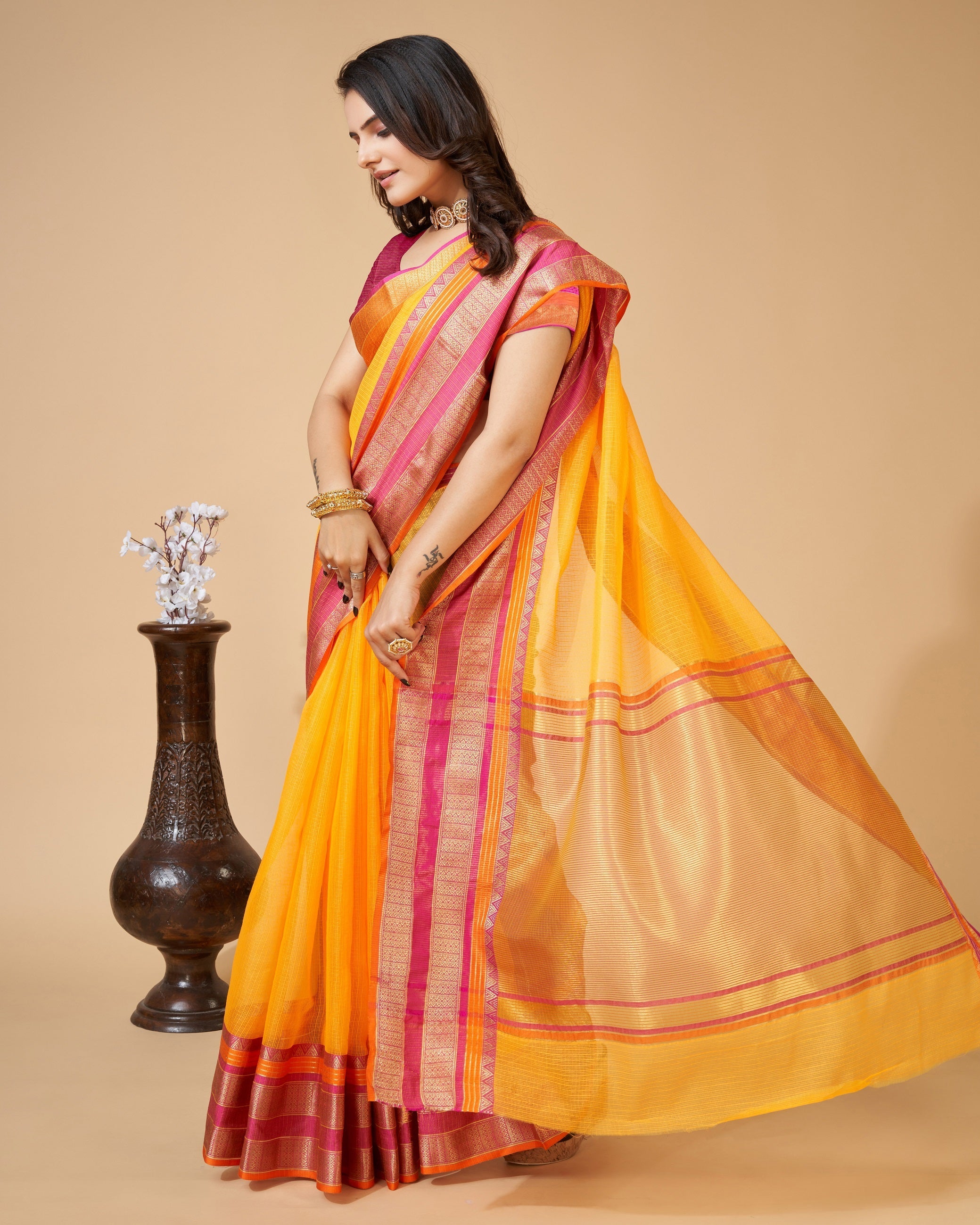 Vedant Vastram Cotton Silk Silk Jacquard Fancy Saree - Yellow