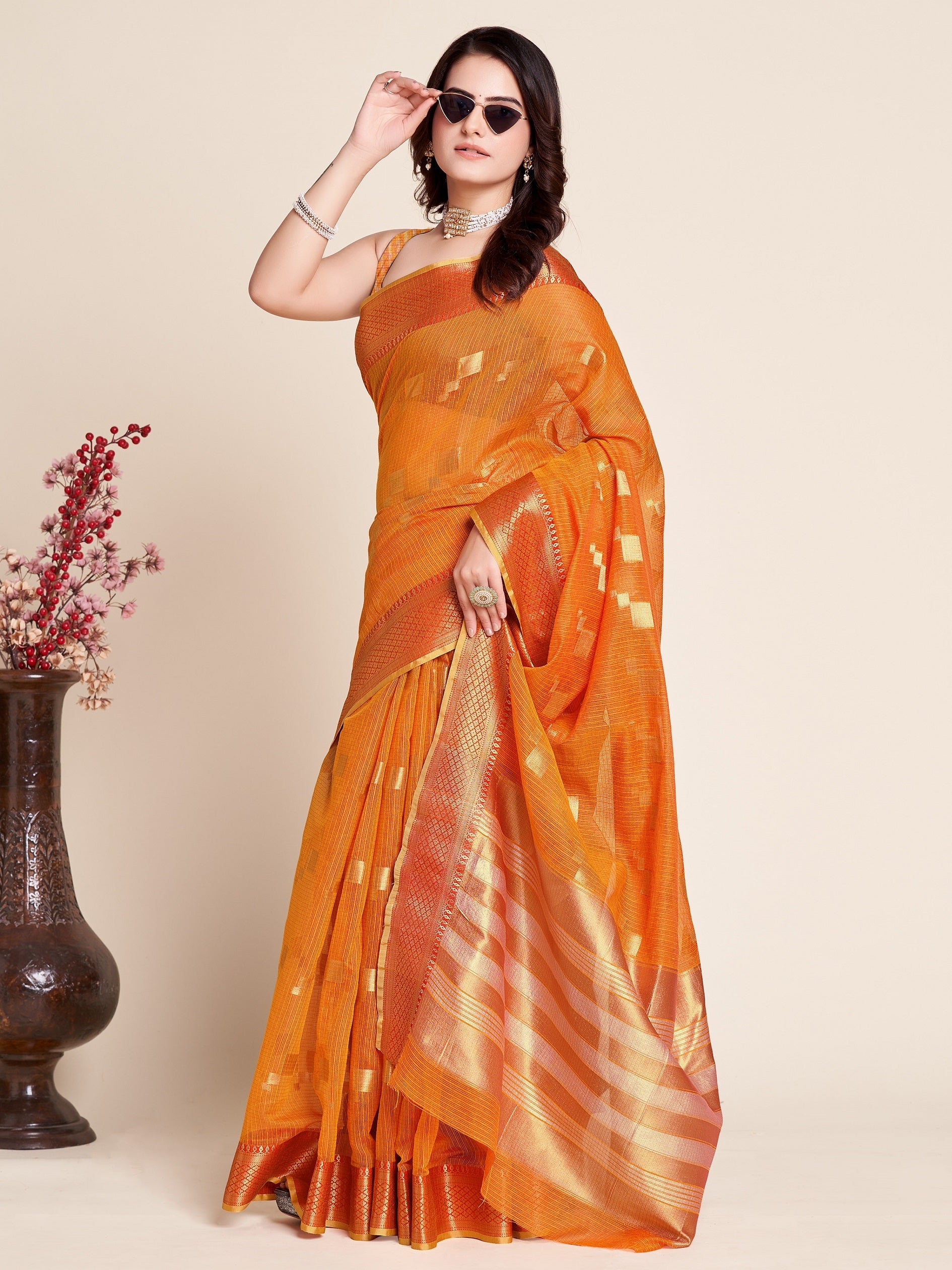 Vedant Vastram Cotton Silk Silk Jacquard Fancy Saree - Orange
