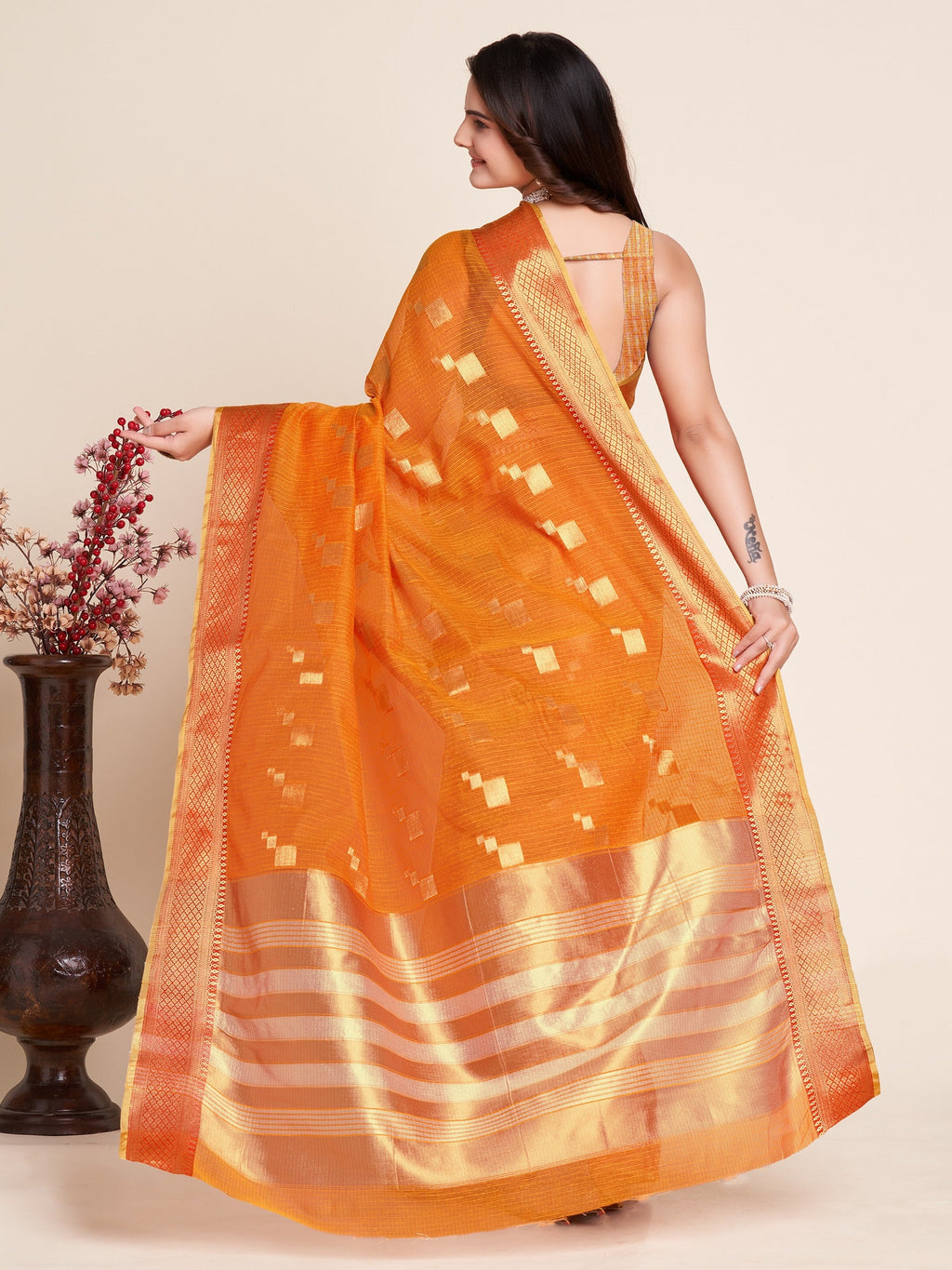Vedant Vastram Cotton Silk Silk Jacquard Fancy Saree - Orange