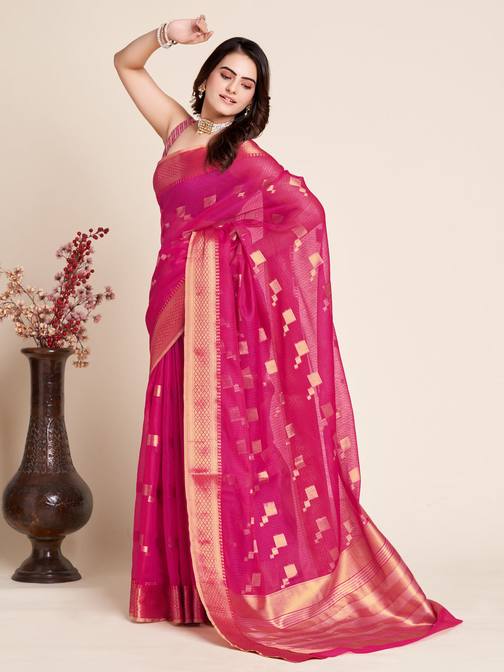Vedant Vastram Cotton Silk Silk Jacquard Fancy Saree - Pink