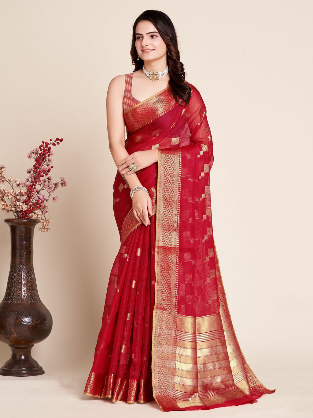Vedant Vastram Cotton Silk Silk Jacquard Fancy Saree - Red