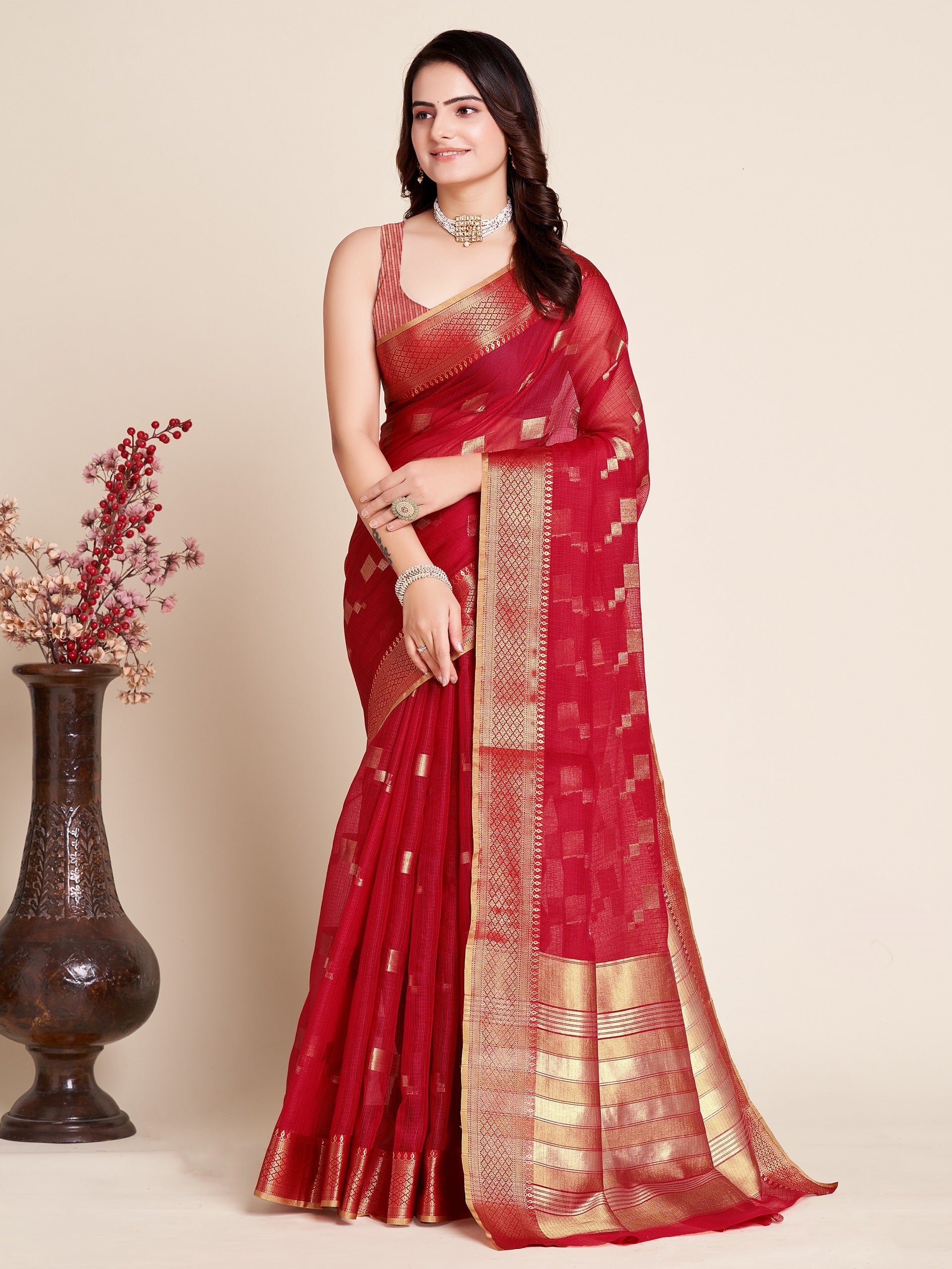 Vedant Vastram Cotton Silk Silk Jacquard Fancy Saree - Red