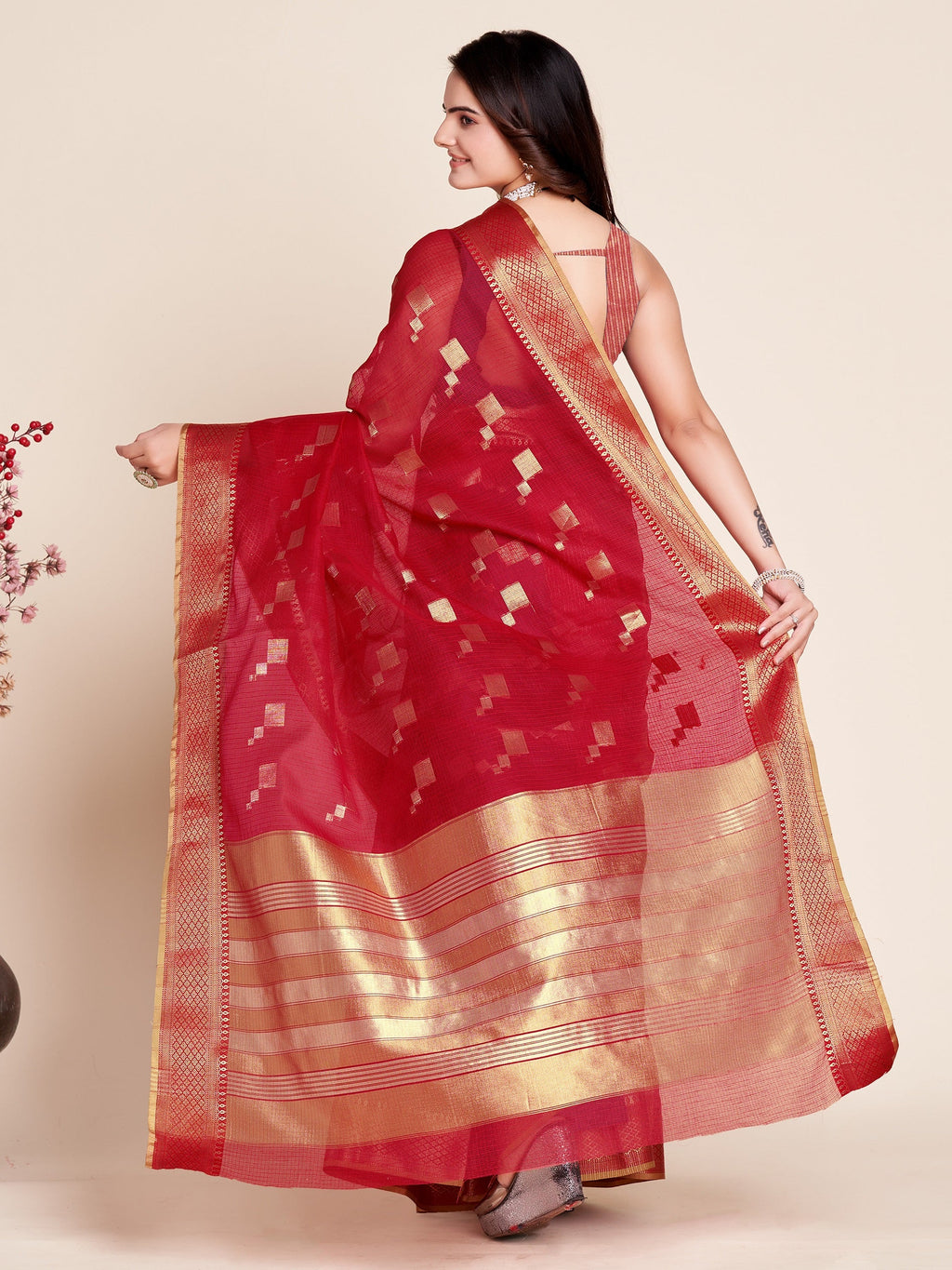 Vedant Vastram Cotton Silk Silk Jacquard Fancy Saree - Red