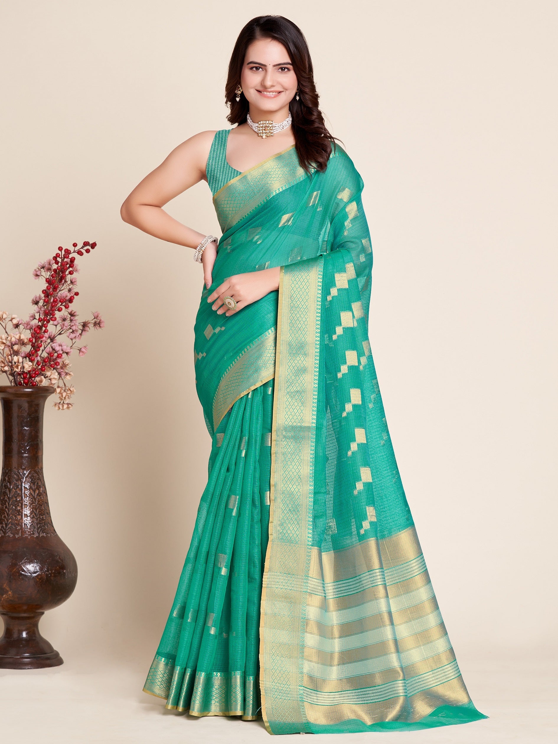 Vedant Vastram Cotton Silk Silk Jacquard Fancy Saree - Seegreen