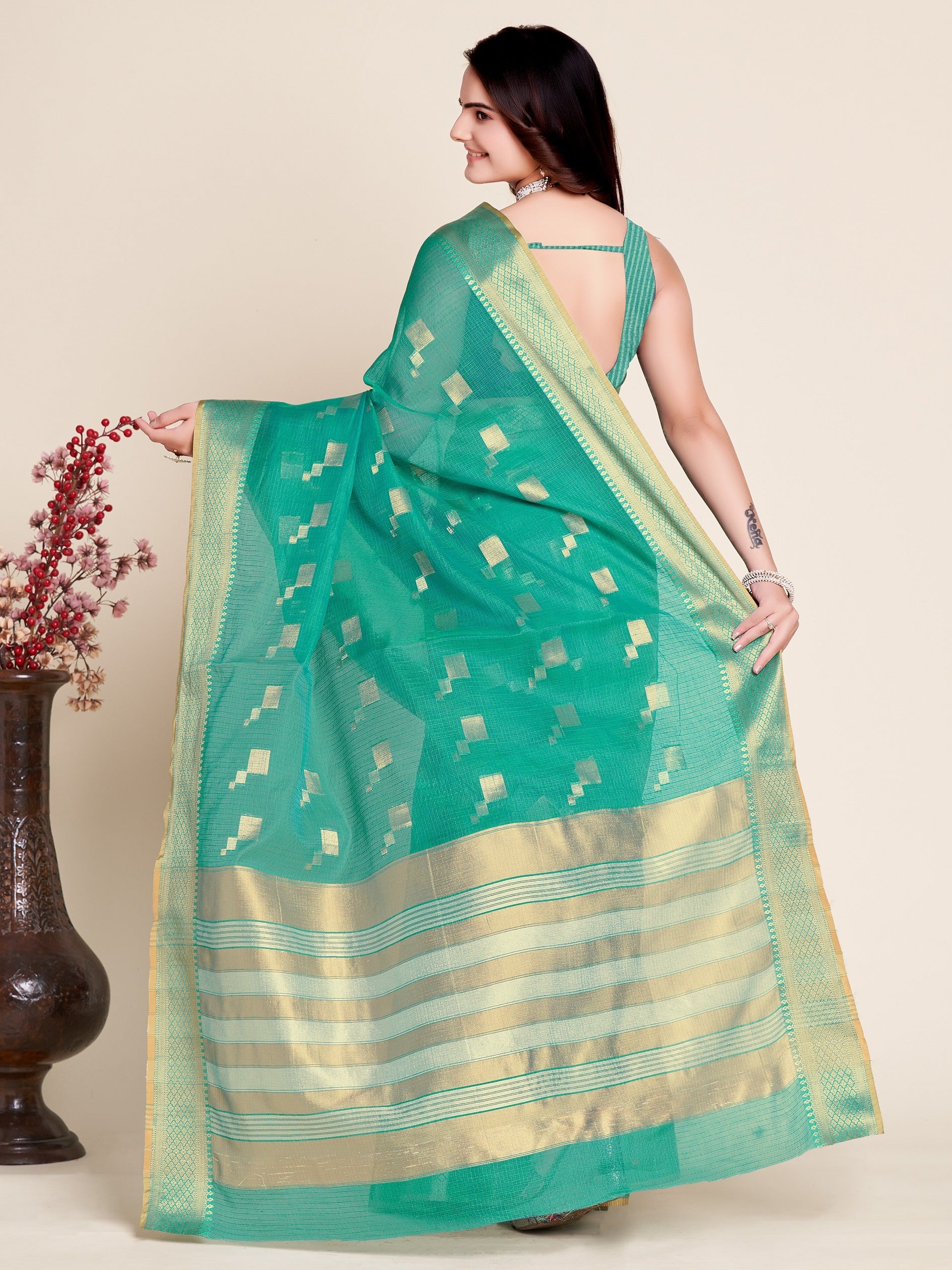 Vedant Vastram Cotton Silk Silk Jacquard Fancy Saree - Seegreen