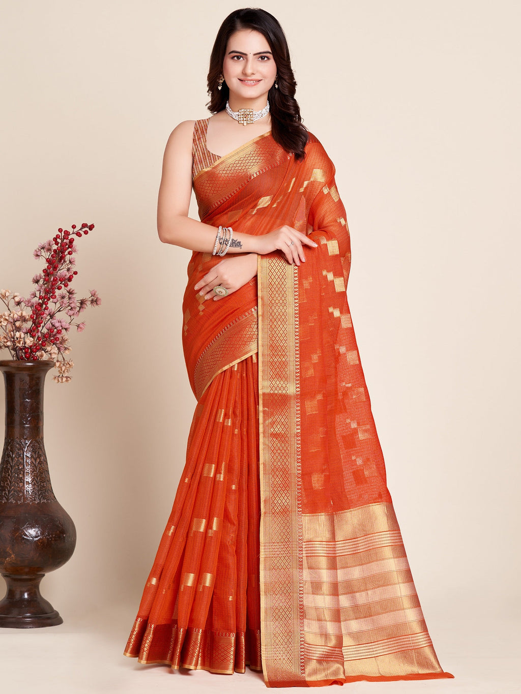 Vedant Vastram Cotton Silk Silk Jacquard Fancy Saree - Tomato