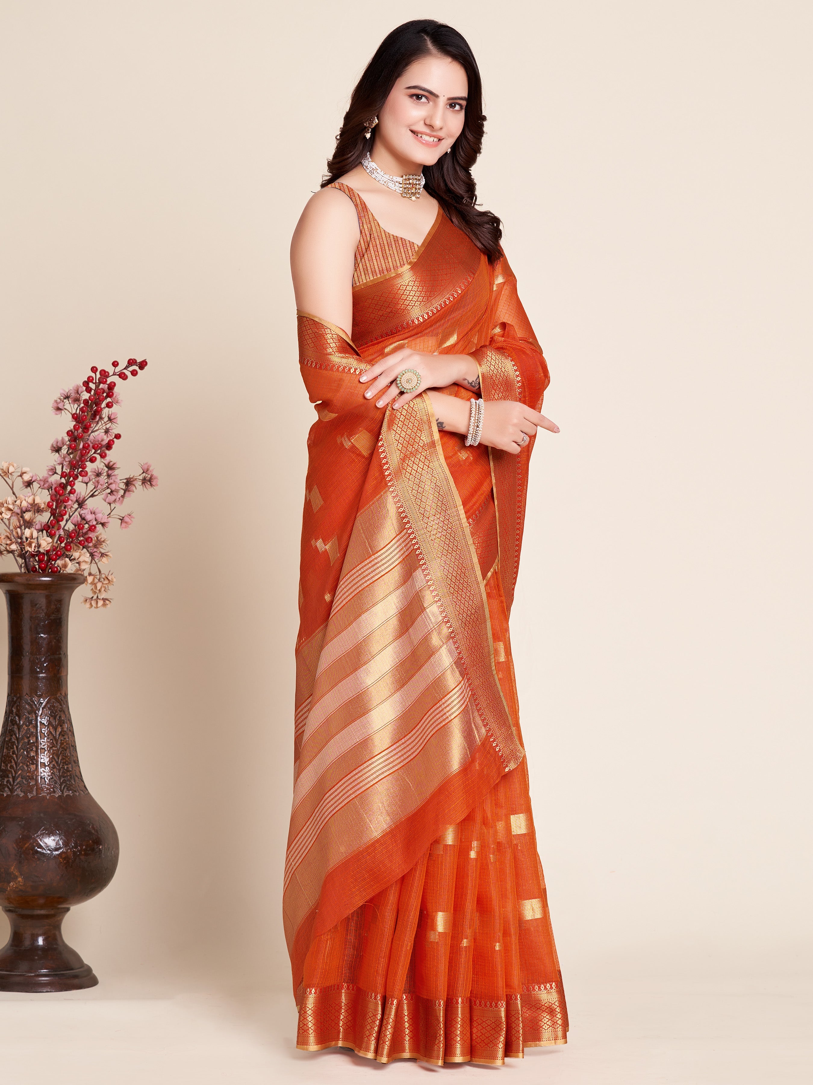 Vedant Vastram Cotton Silk Silk Jacquard Fancy Saree - Tomato