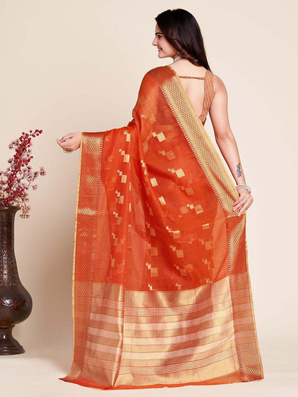 Vedant Vastram Cotton Silk Silk Jacquard Fancy Saree - Tomato