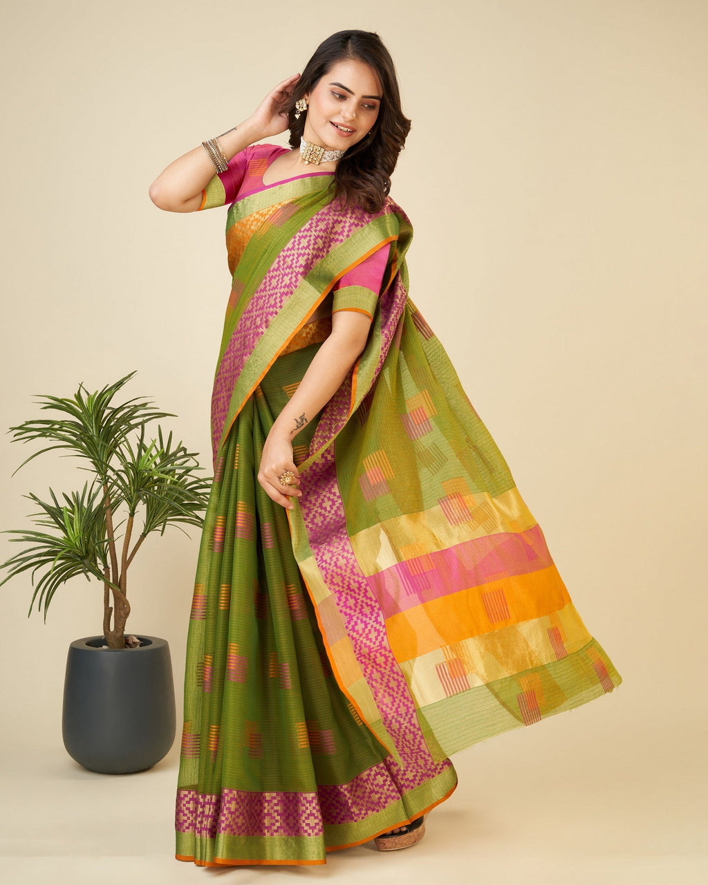 Vedant Vastram Cotton Silk Silk Jacquard Fancy Saree - Mahendi
