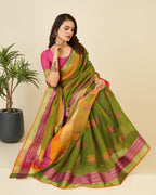 Vedant Vastram Cotton Silk Silk Jacquard Fancy Saree - Mahendi