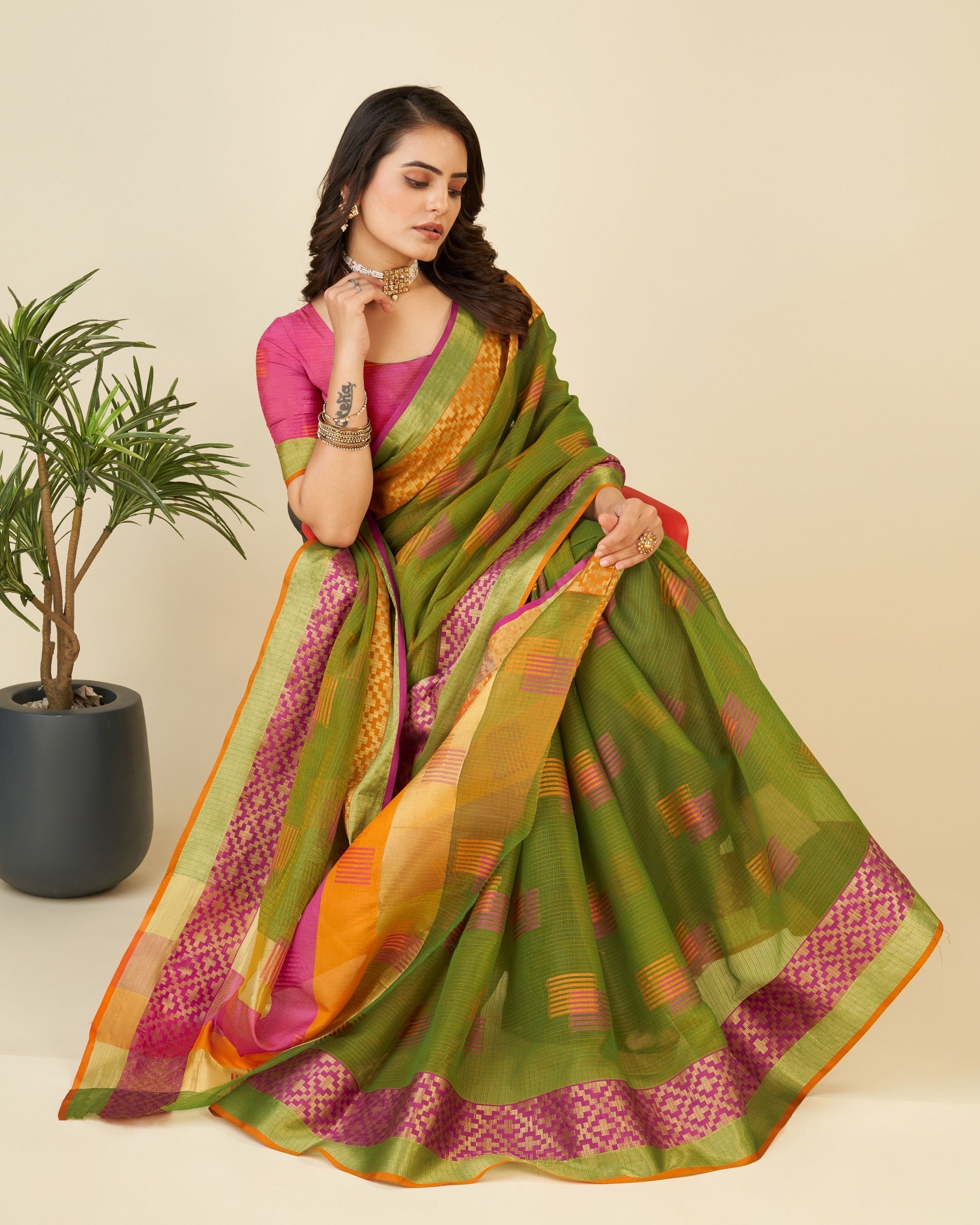 Vedant Vastram Cotton Silk Silk Jacquard Fancy Saree - Mahendi