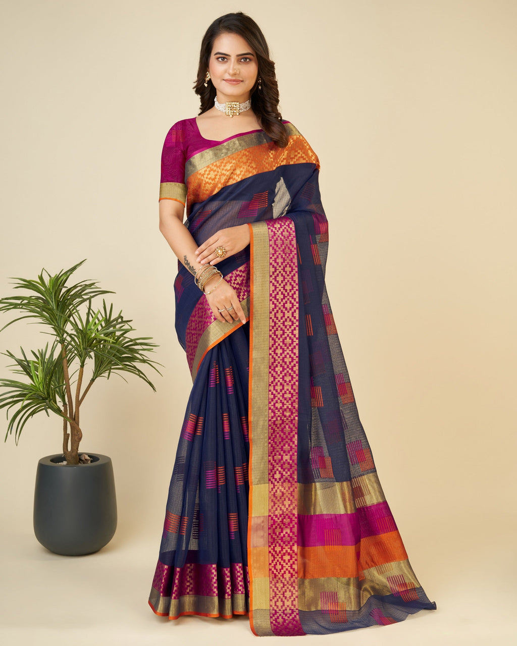 Vedant Vastram Cotton Silk Silk Jacquard Fancy Saree - Navy