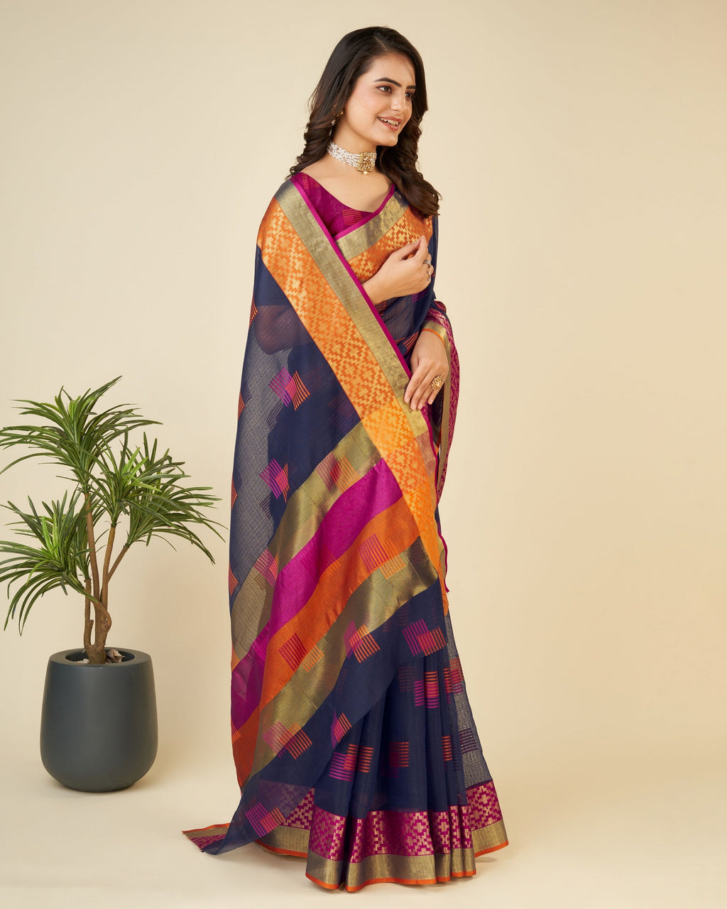 Vedant Vastram Cotton Silk Silk Jacquard Fancy Saree - Navy