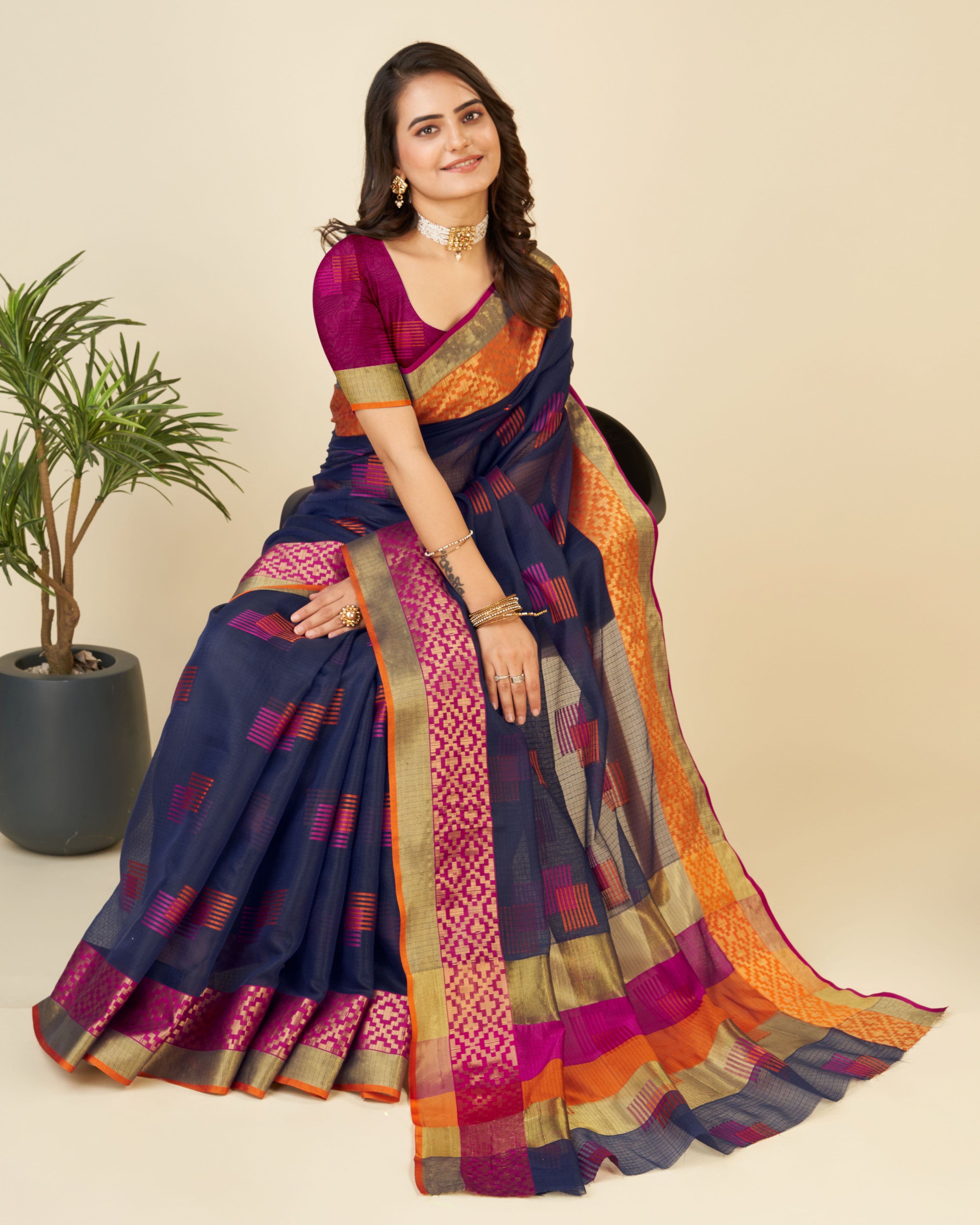 Vedant Vastram Cotton Silk Silk Jacquard Fancy Saree - Navy