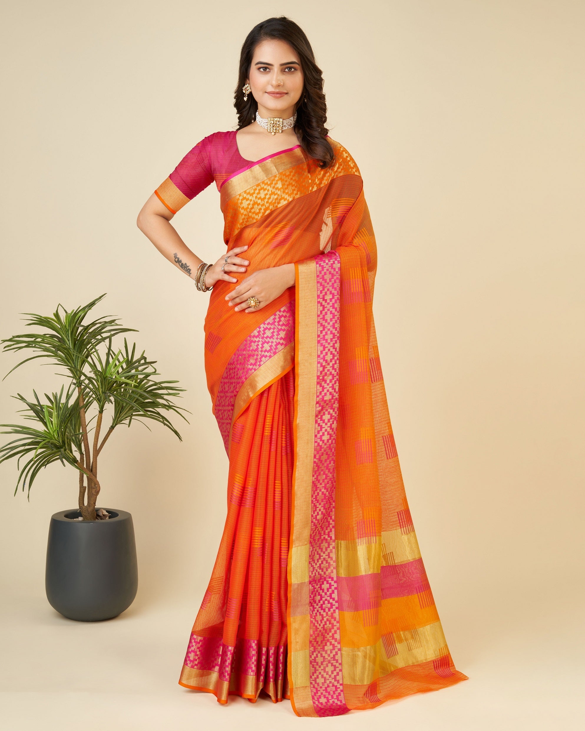 Vedant Vastram Cotton Silk Silk Jacquard Fancy Saree - Orange
