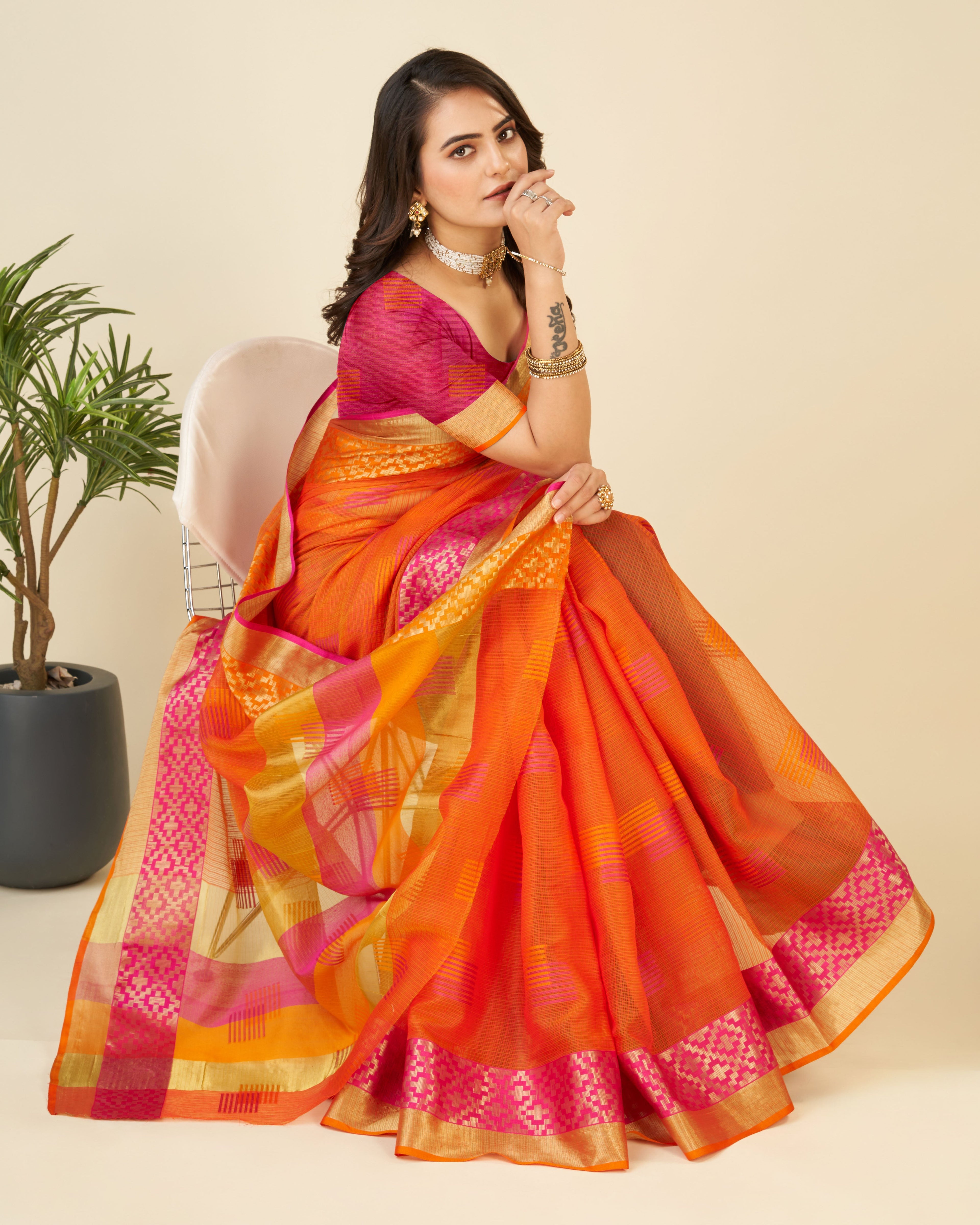 Vedant Vastram Cotton Silk Silk Jacquard Fancy Saree - Orange