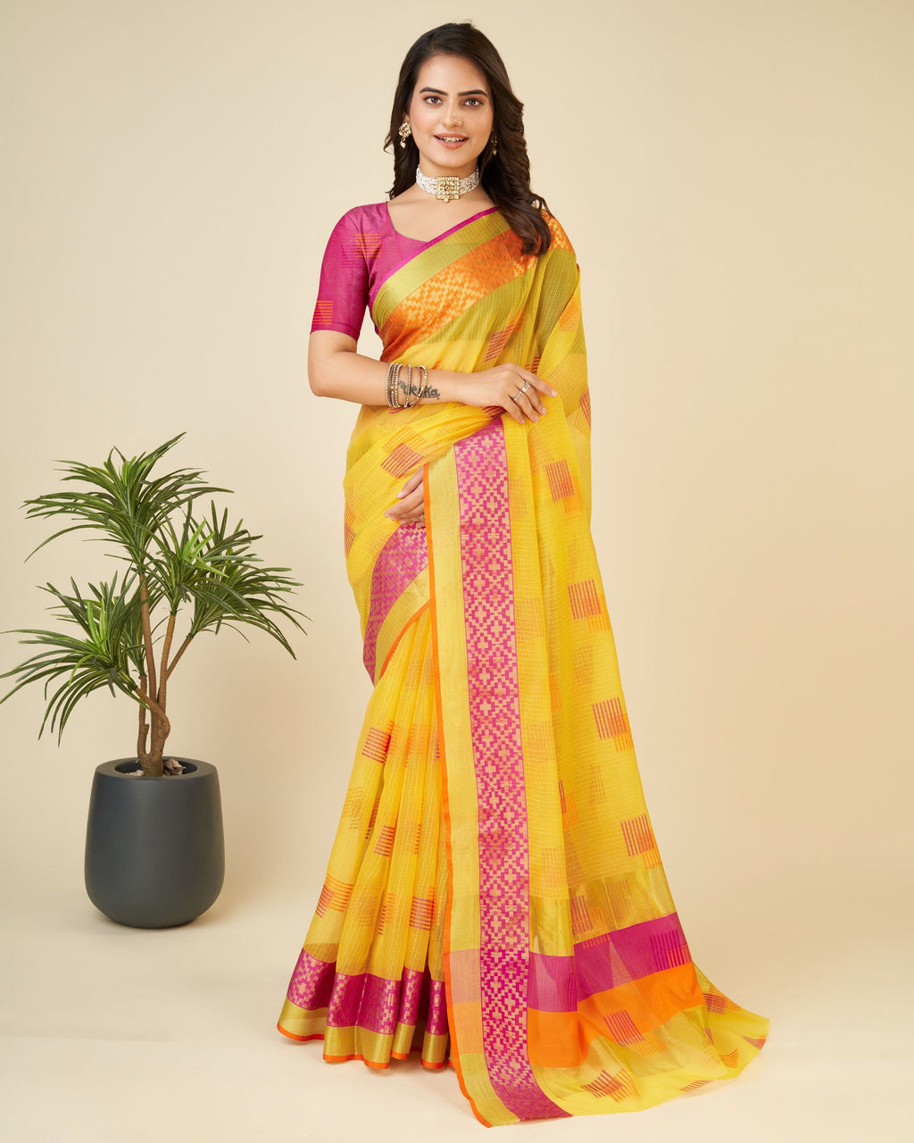 Vedant Vastram Cotton Silk Silk Jacquard Fancy Saree - Yellow