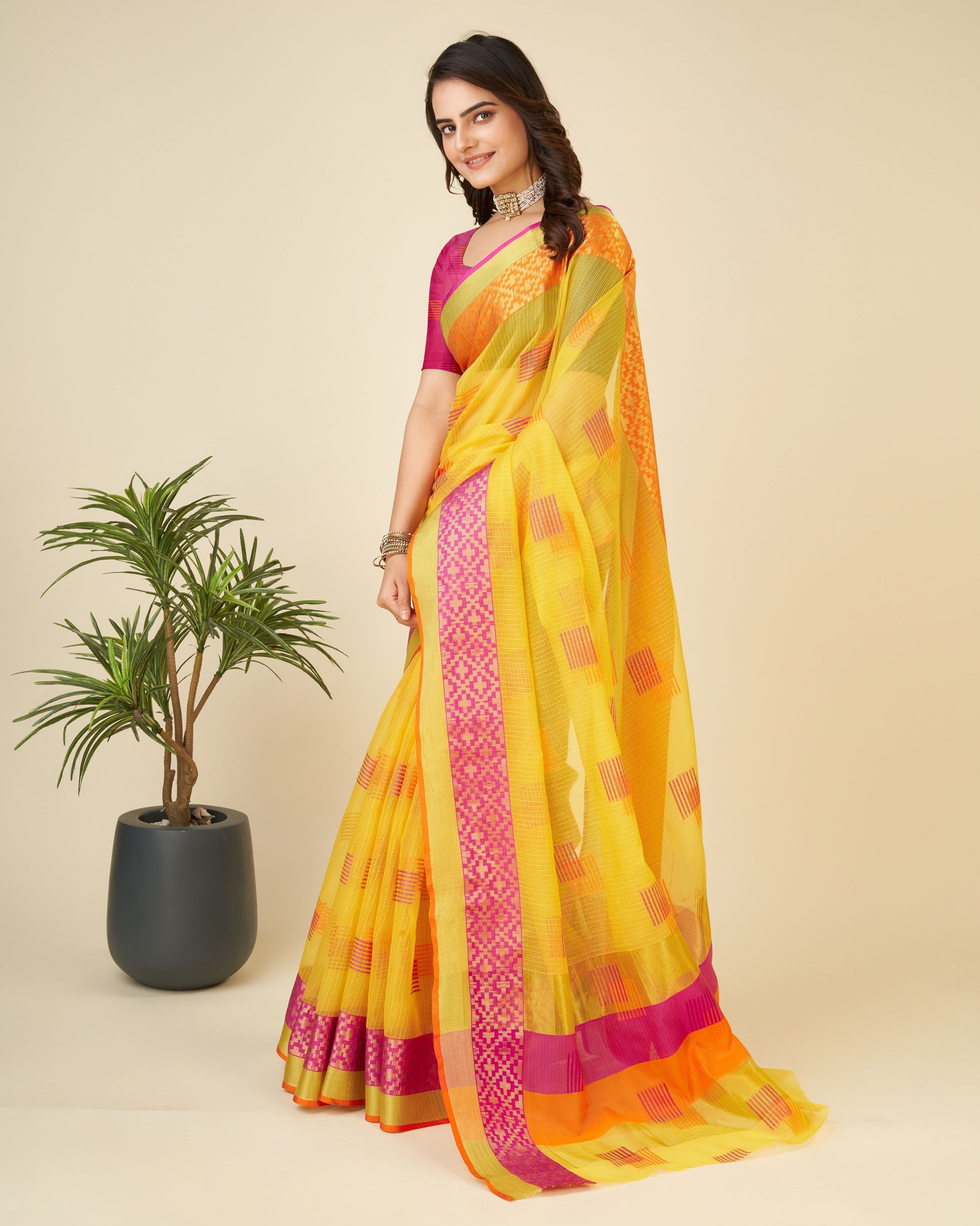 Vedant Vastram Cotton Silk Silk Jacquard Fancy Saree - Yellow