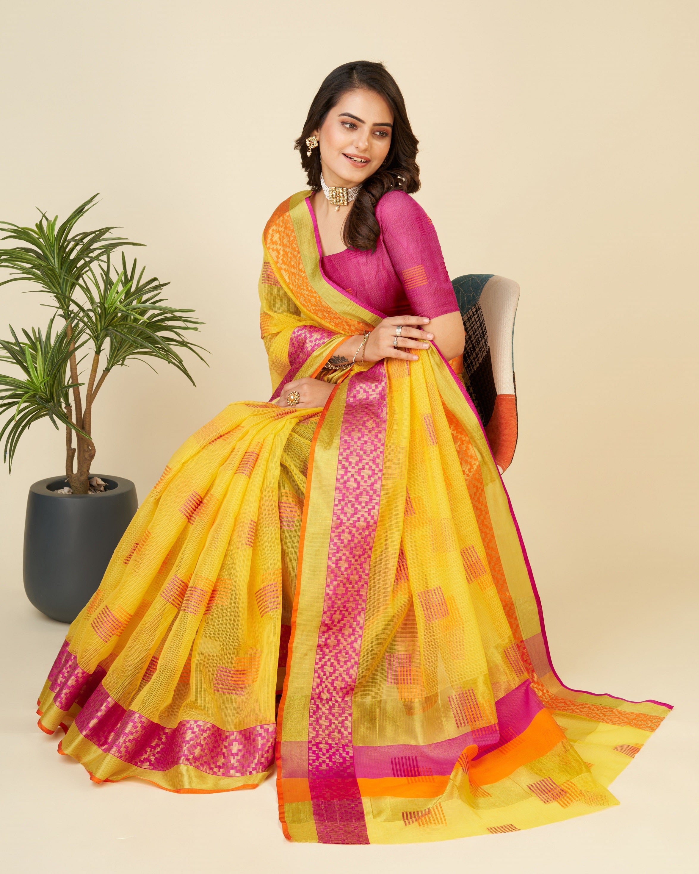 Vedant Vastram Cotton Silk Silk Jacquard Fancy Saree - Yellow