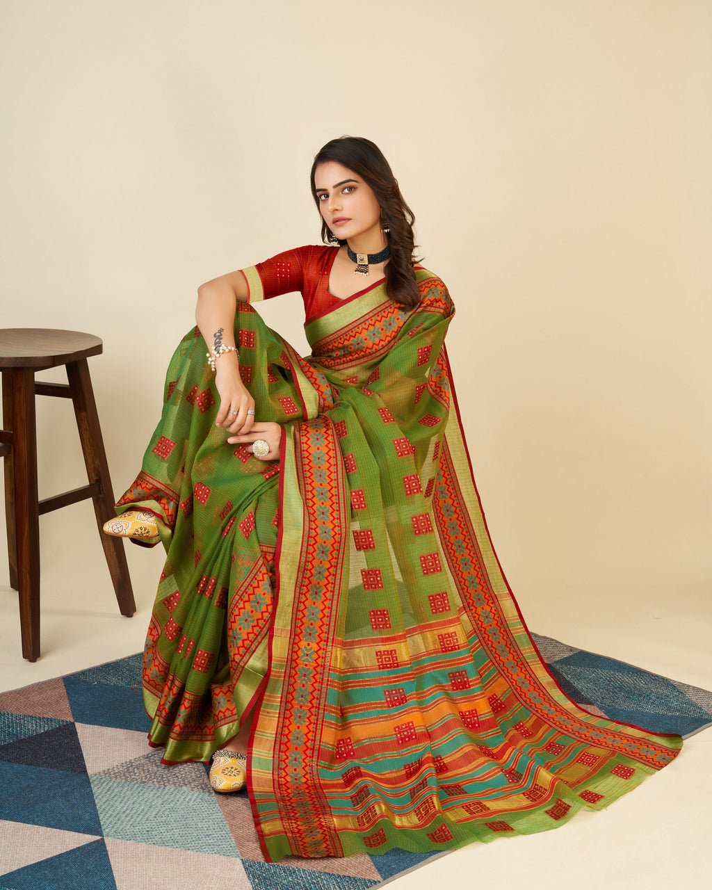 Vedant Vastram Cotton Silk Silk Jacquard Fancy Saree - Mahendi