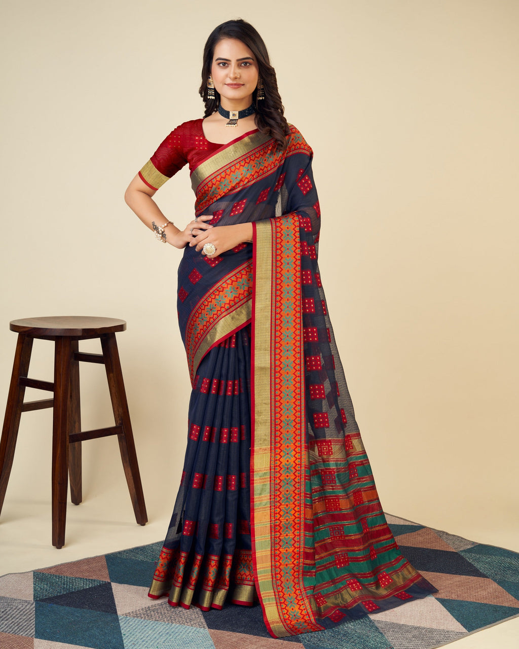 Vedant Vastram Cotton Silk Silk Jacquard Fancy Saree - Navy