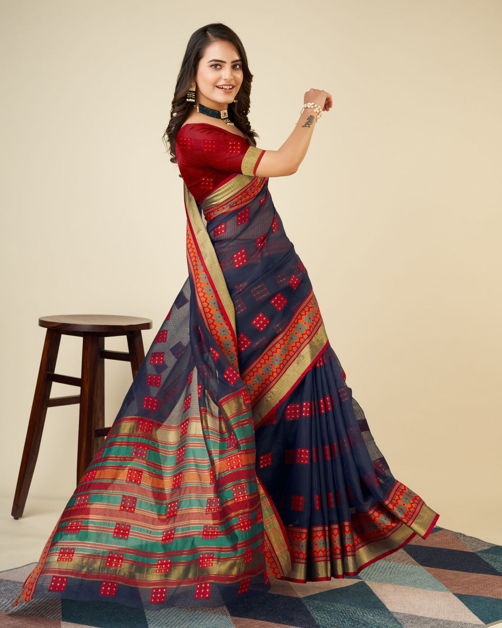 Vedant Vastram Cotton Silk Silk Jacquard Fancy Saree - Navy
