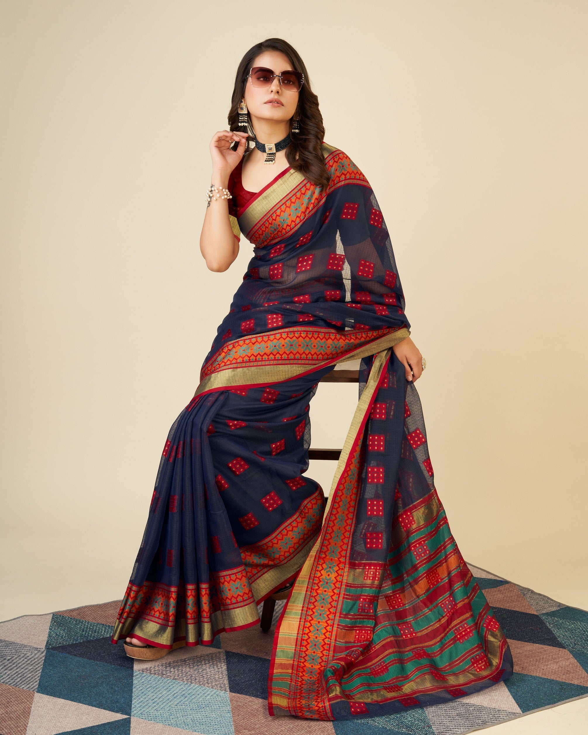 Vedant Vastram Cotton Silk Silk Jacquard Fancy Saree - Navy