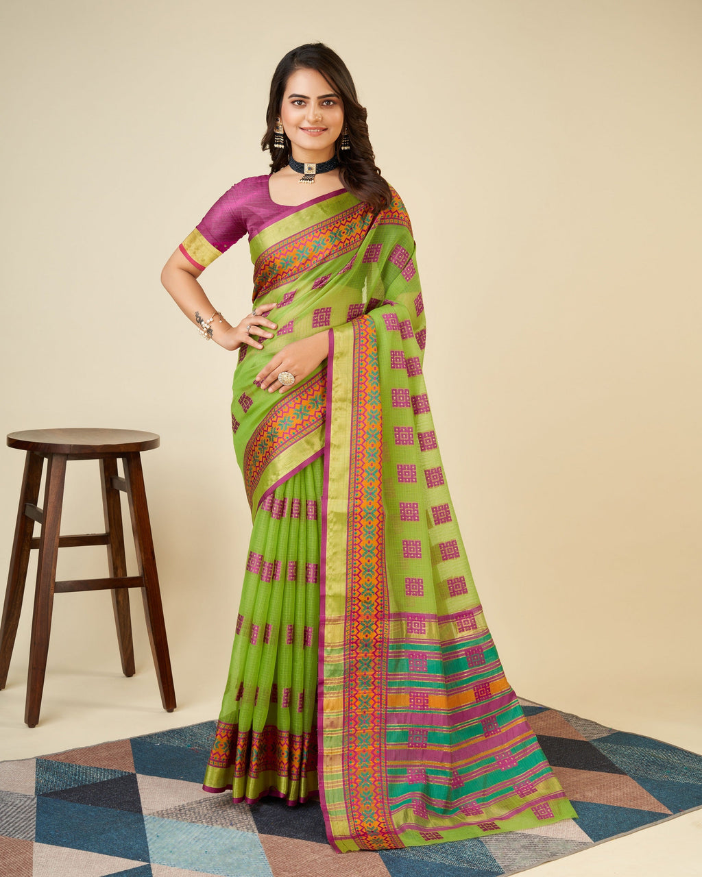 Vedant Vastram Cotton Silk Silk Jacquard Fancy Saree - Olive