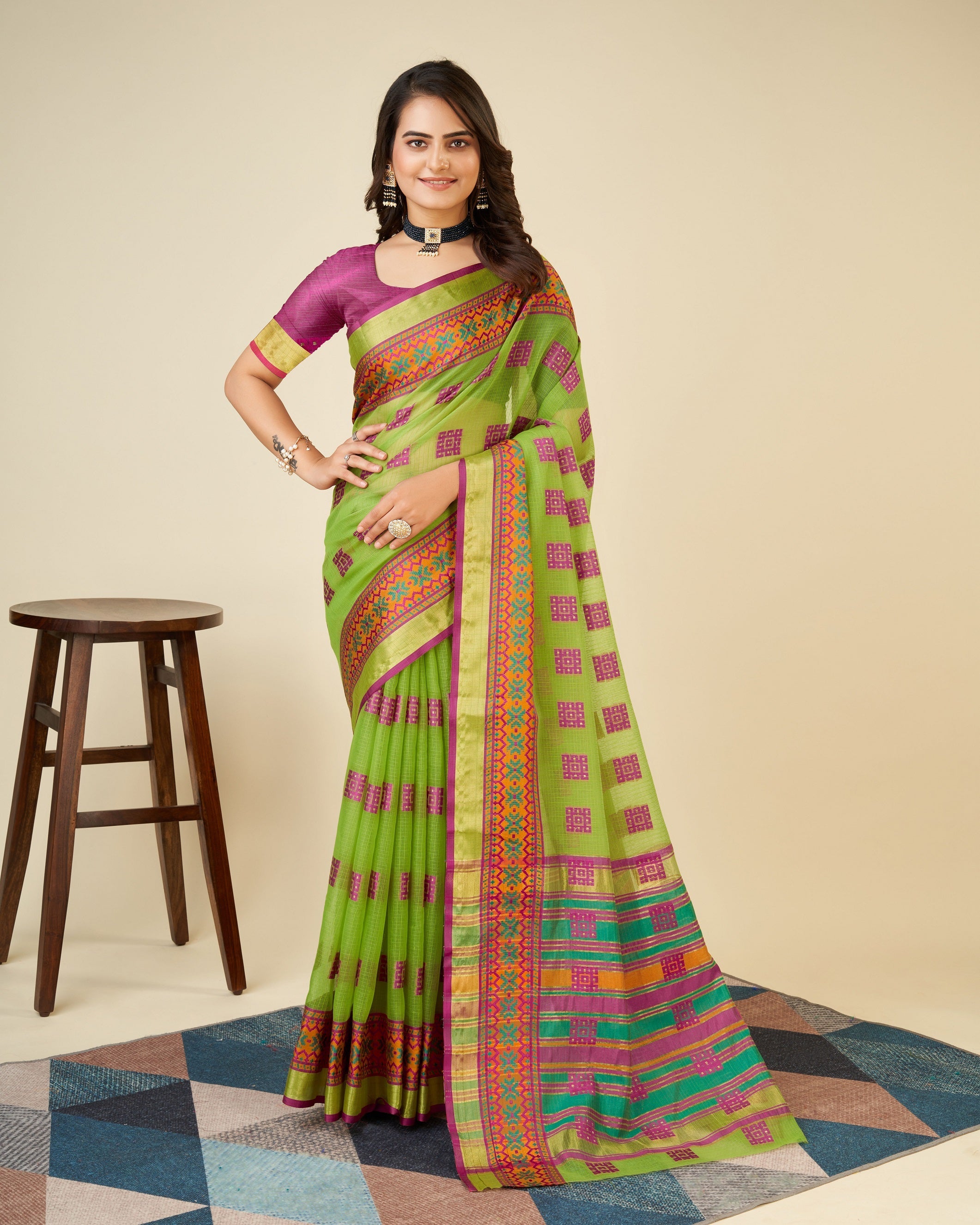 Vedant Vastram Cotton Silk Silk Jacquard Fancy Saree - Olive