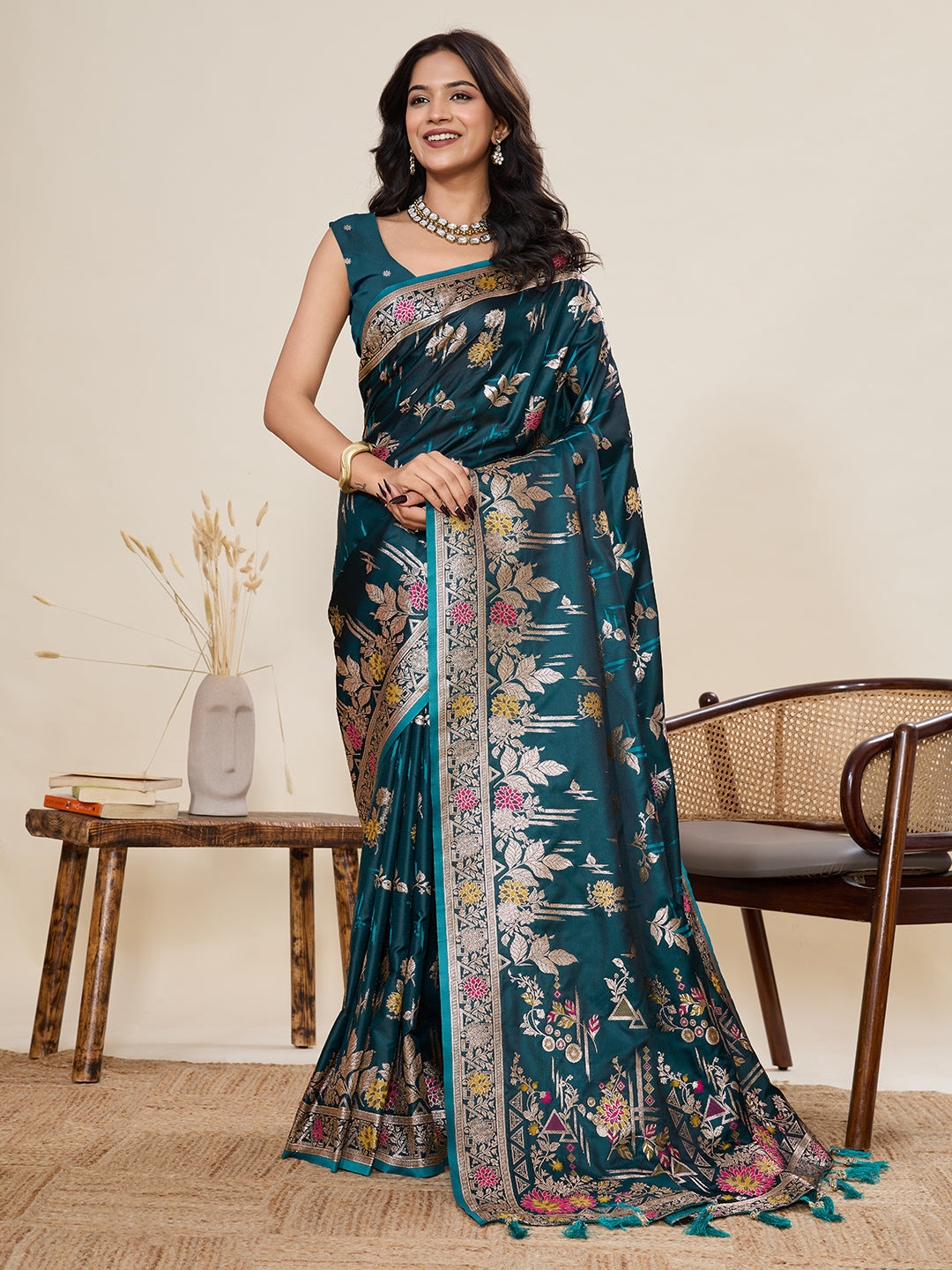 Vedant Vastram Soft Litchi Silk Banarasi Silk Jacquard Saree - Firozi