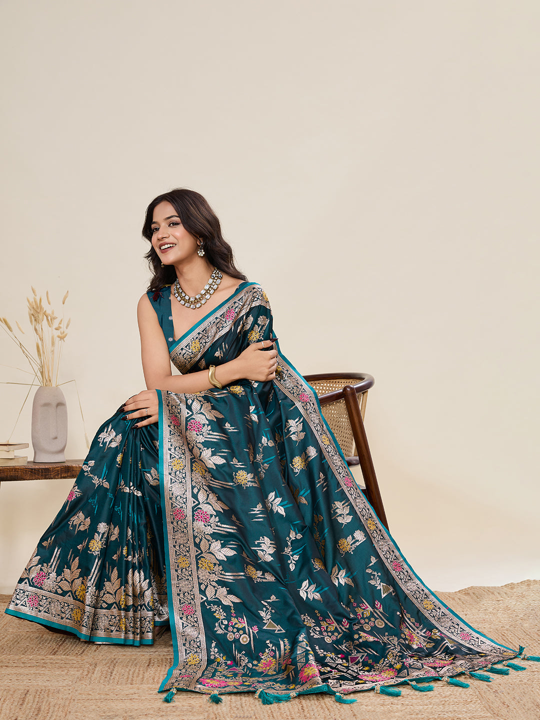 Vedant Vastram Soft Litchi Silk Banarasi Silk Jacquard Saree - Firozi