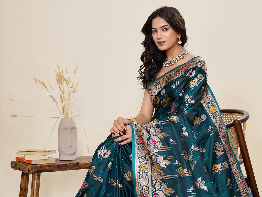 Vedant Vastram Soft Litchi Silk Banarasi Silk Jacquard Saree - Firozi