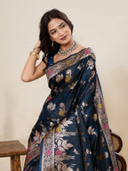 Vedant Vastram Soft Litchi Silk Banarasi Silk Jacquard Saree - Navy Blue