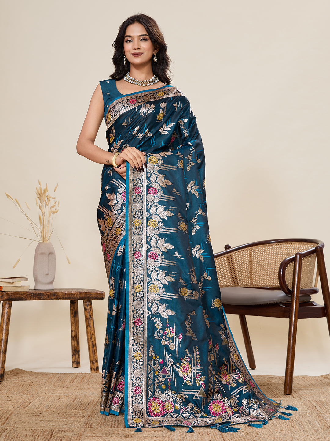 Vedant Vastram Soft Litchi Silk Banarasi Silk Jacquard Saree - Rama