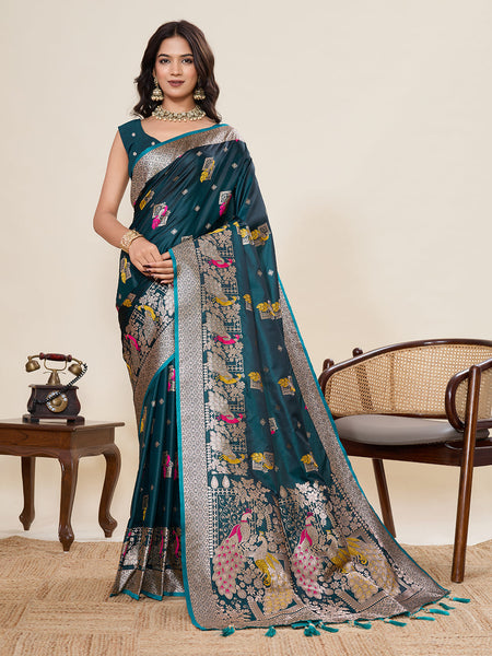Vedant Vastram Soft Litchi Silk Banarasi Silk Jacquard Saree - Firozi
