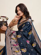 Vedant Vastram Soft Litchi Silk Banarasi Silk Jacquard Saree - Navy Blue