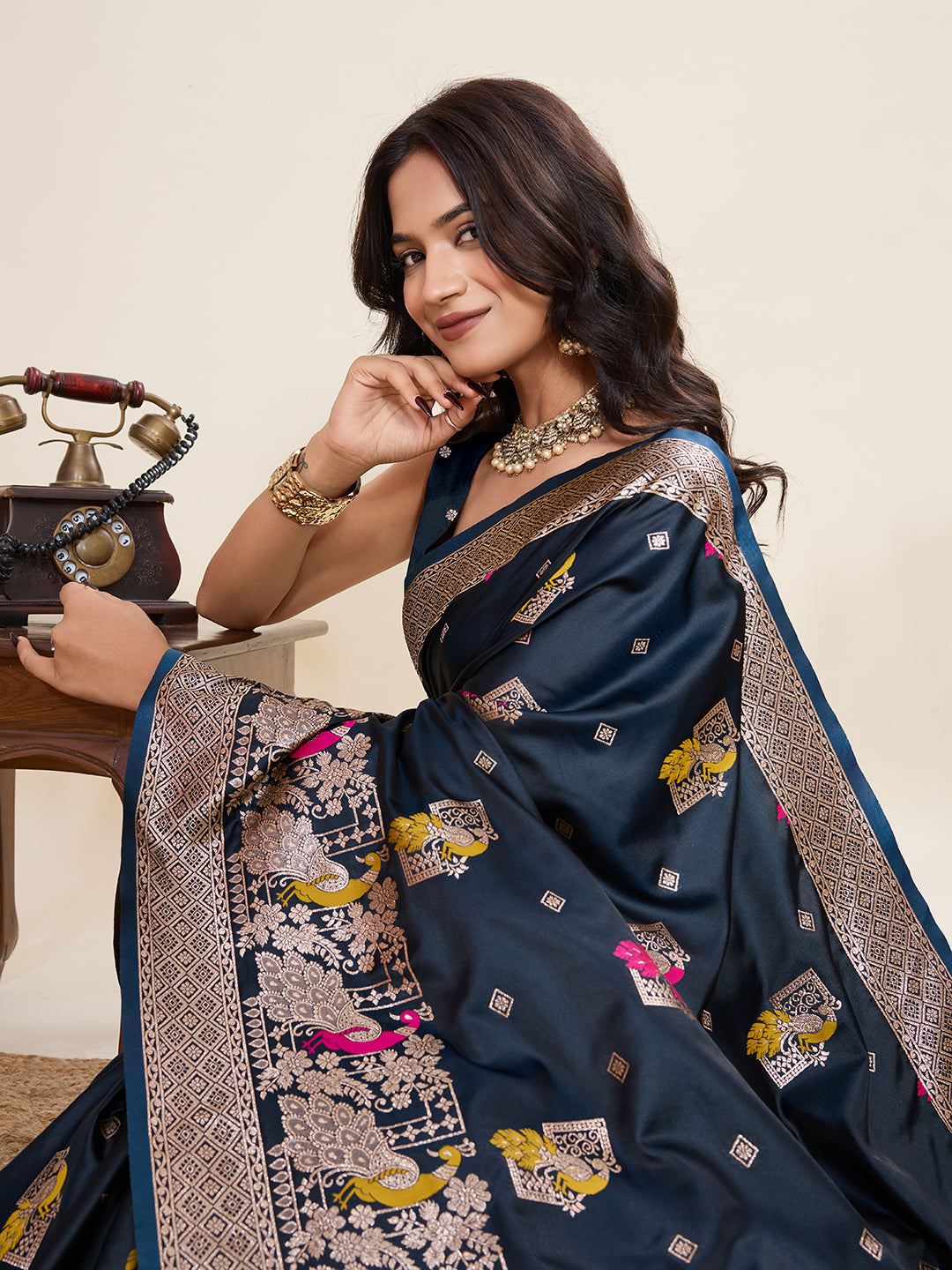 Vedant Vastram Soft Litchi Silk Banarasi Silk Jacquard Saree - Navy Blue